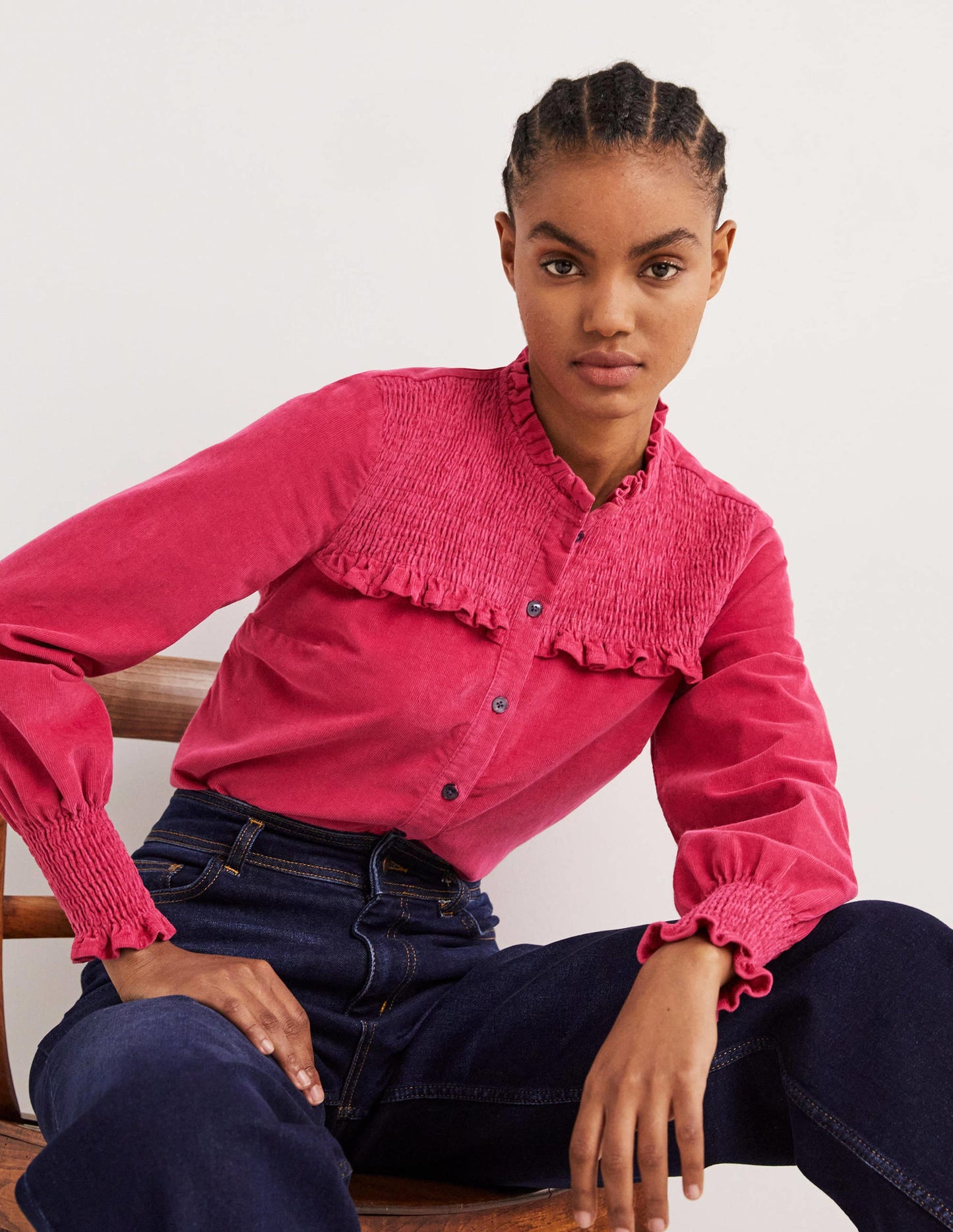 Smocked High Neck Shirt-Sweet Rose