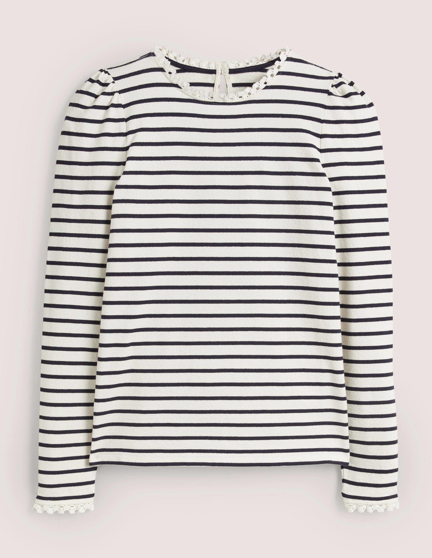 Crochet Trim Crew Neck Top-Ivory, Navy Stripe