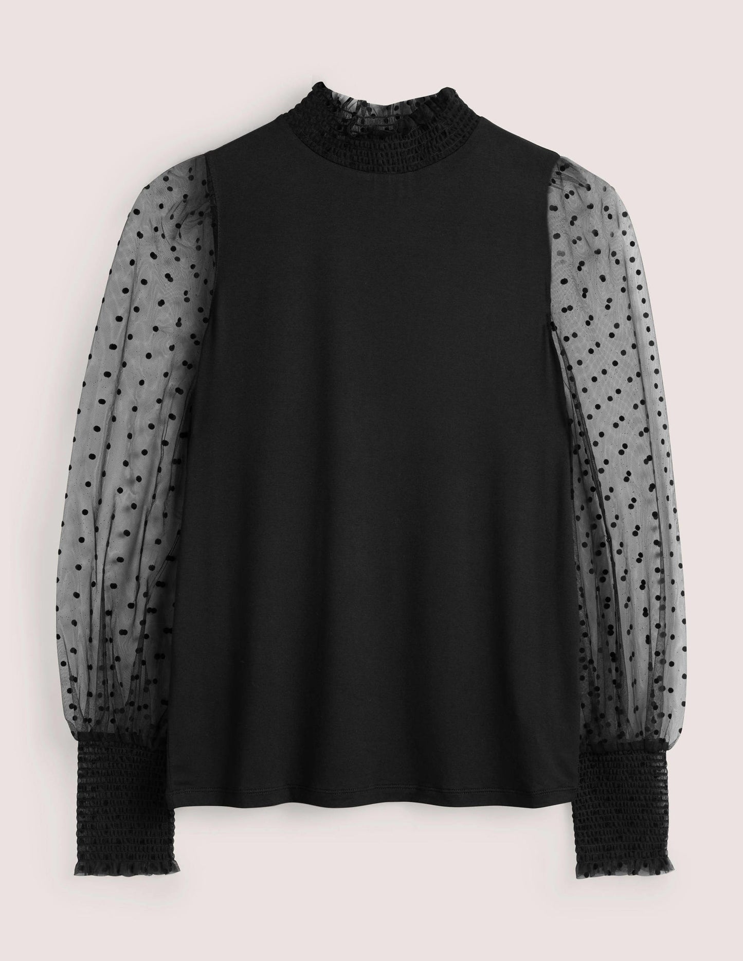 Black Polka Dot Tulle-Sleeve Party Top-Black/Black Flocked Spot