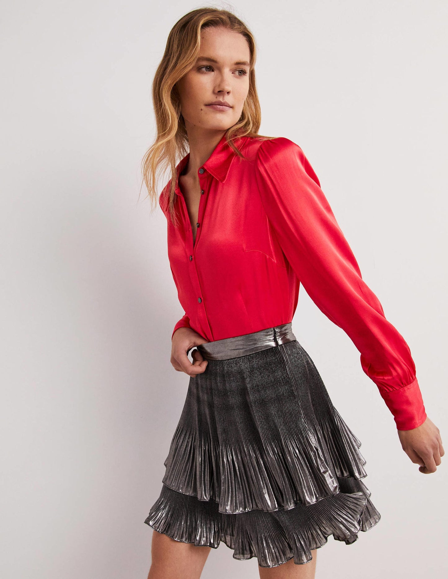 Dart Detail Satin Fitted Shirt-Strawberry Tart Red