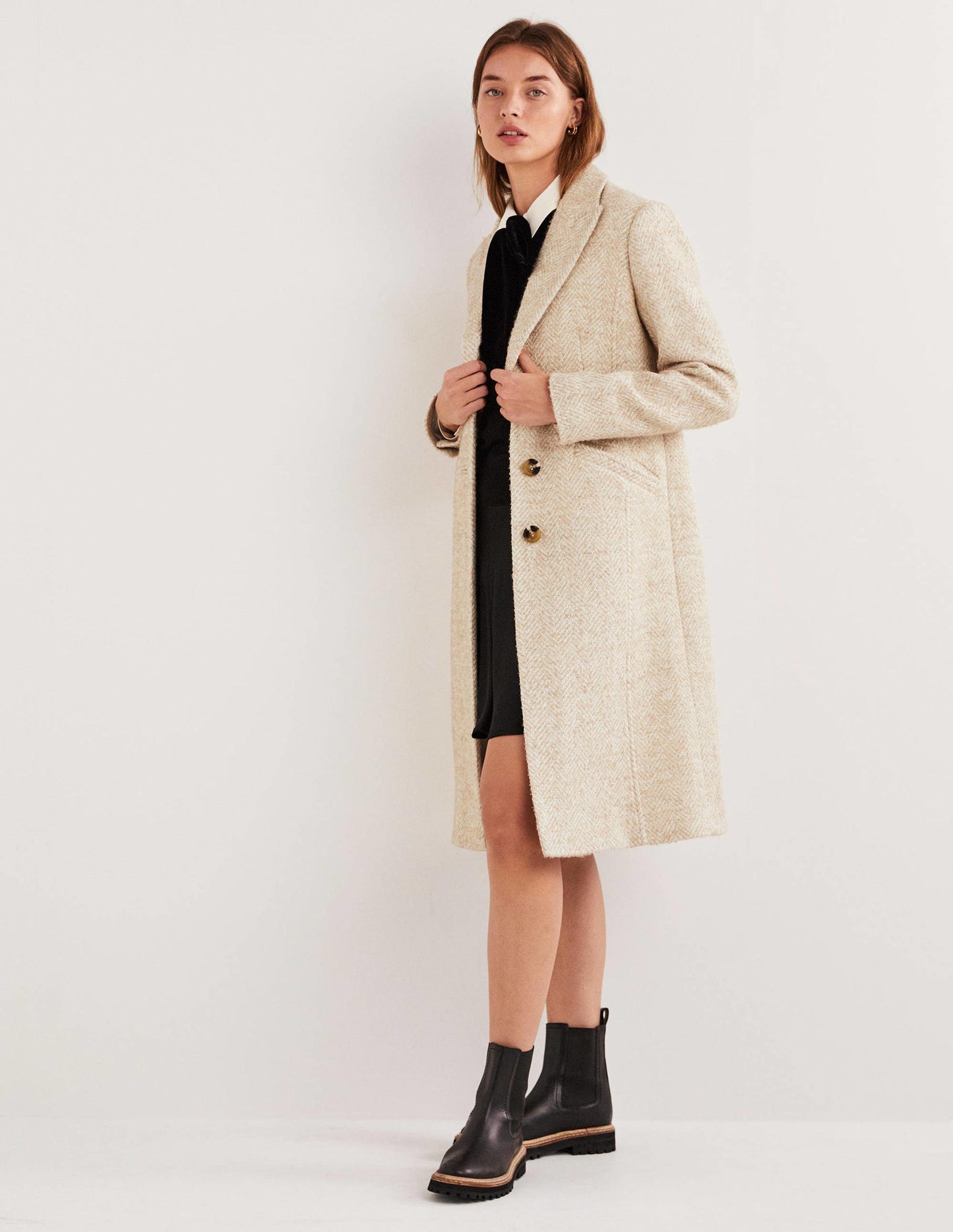 Wool Blend Tailored Coat-Gold Metallic Herringbone