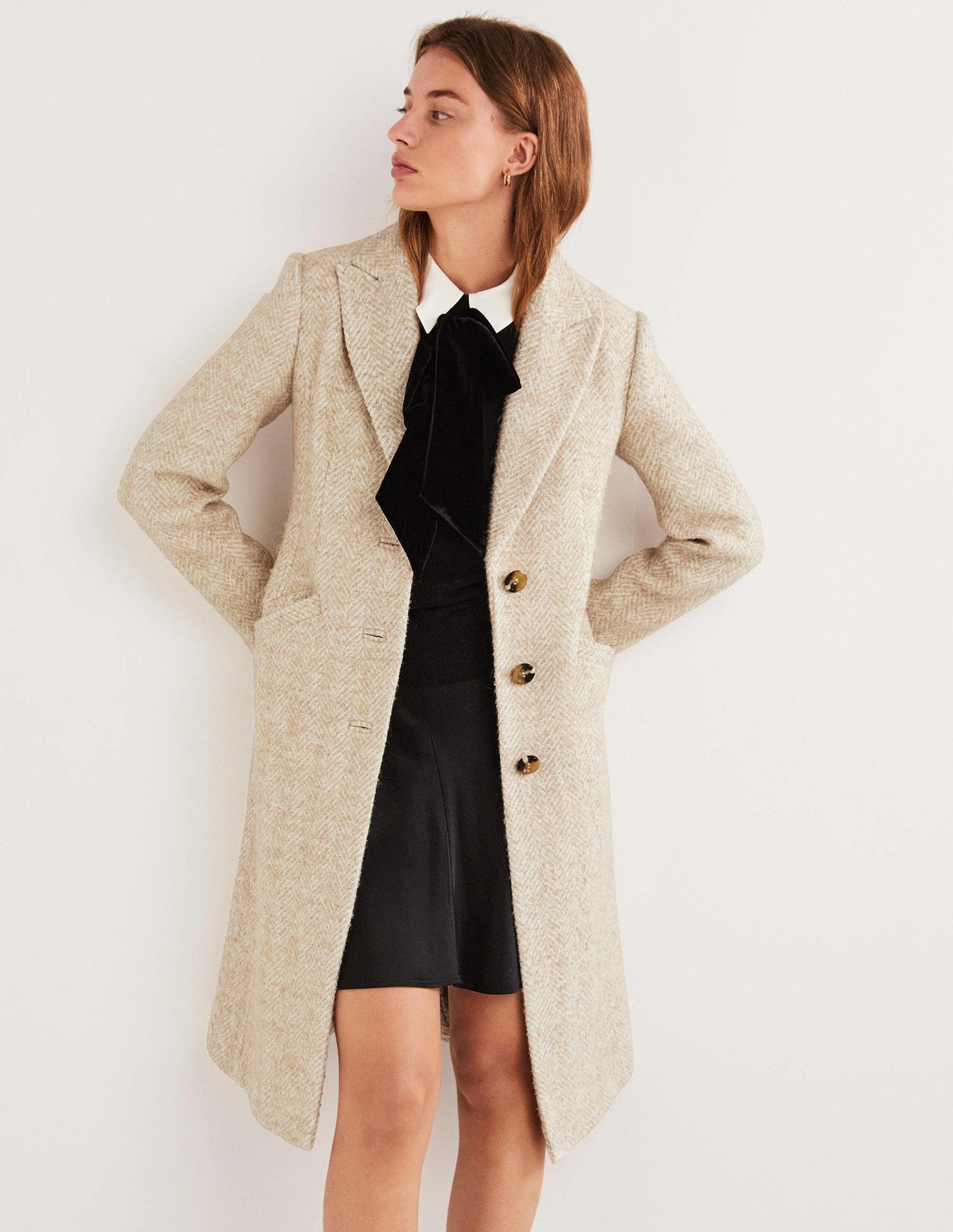 Wool Blend Tailored Coat-Gold Metallic Herringbone