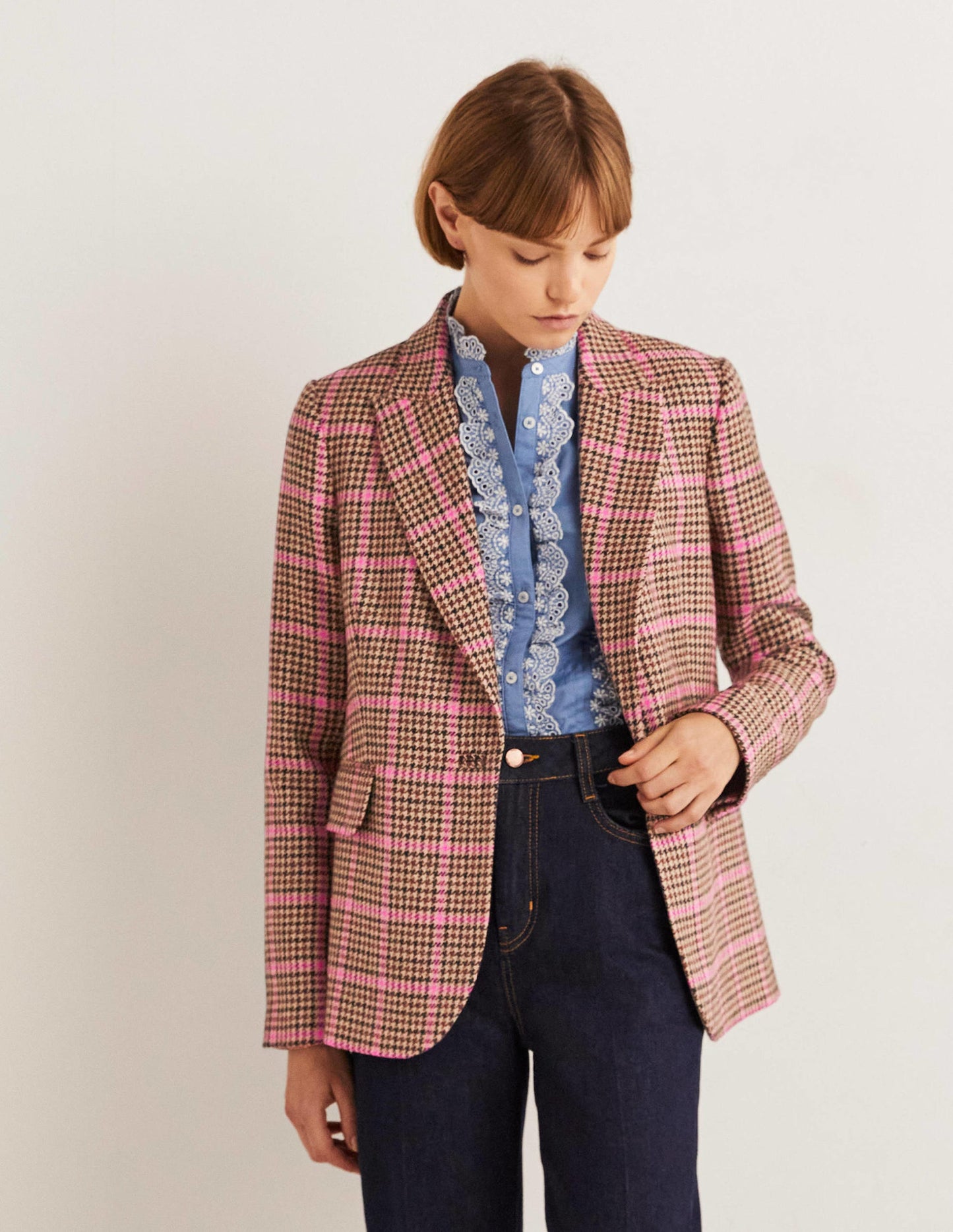 70s Tailored Blazer-Brown and Pink Check