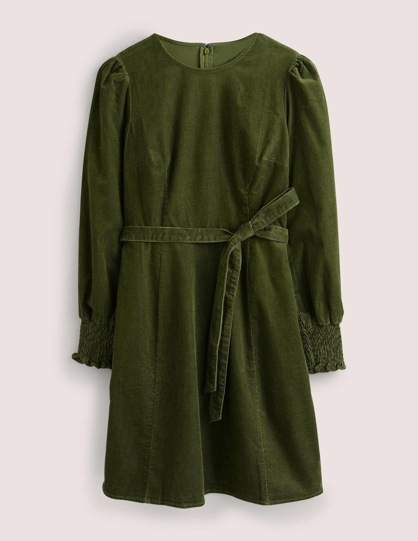 Smocked Cuff Corduroy Dress-Kale