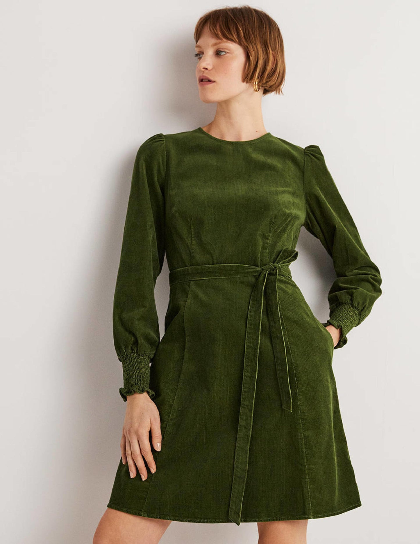 Smocked Cuff Corduroy Dress-Kale
