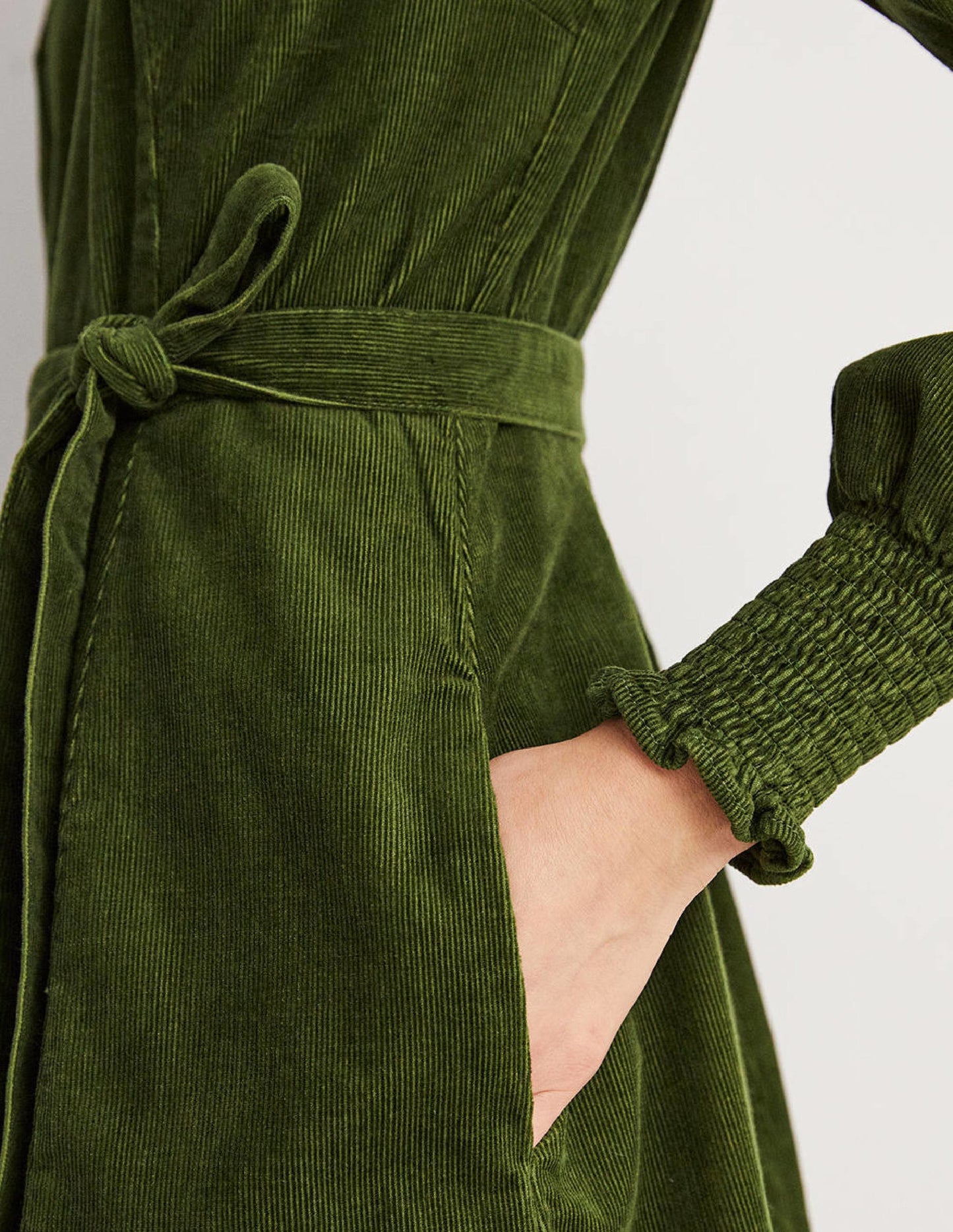 Smocked Cuff Corduroy Dress-Kale