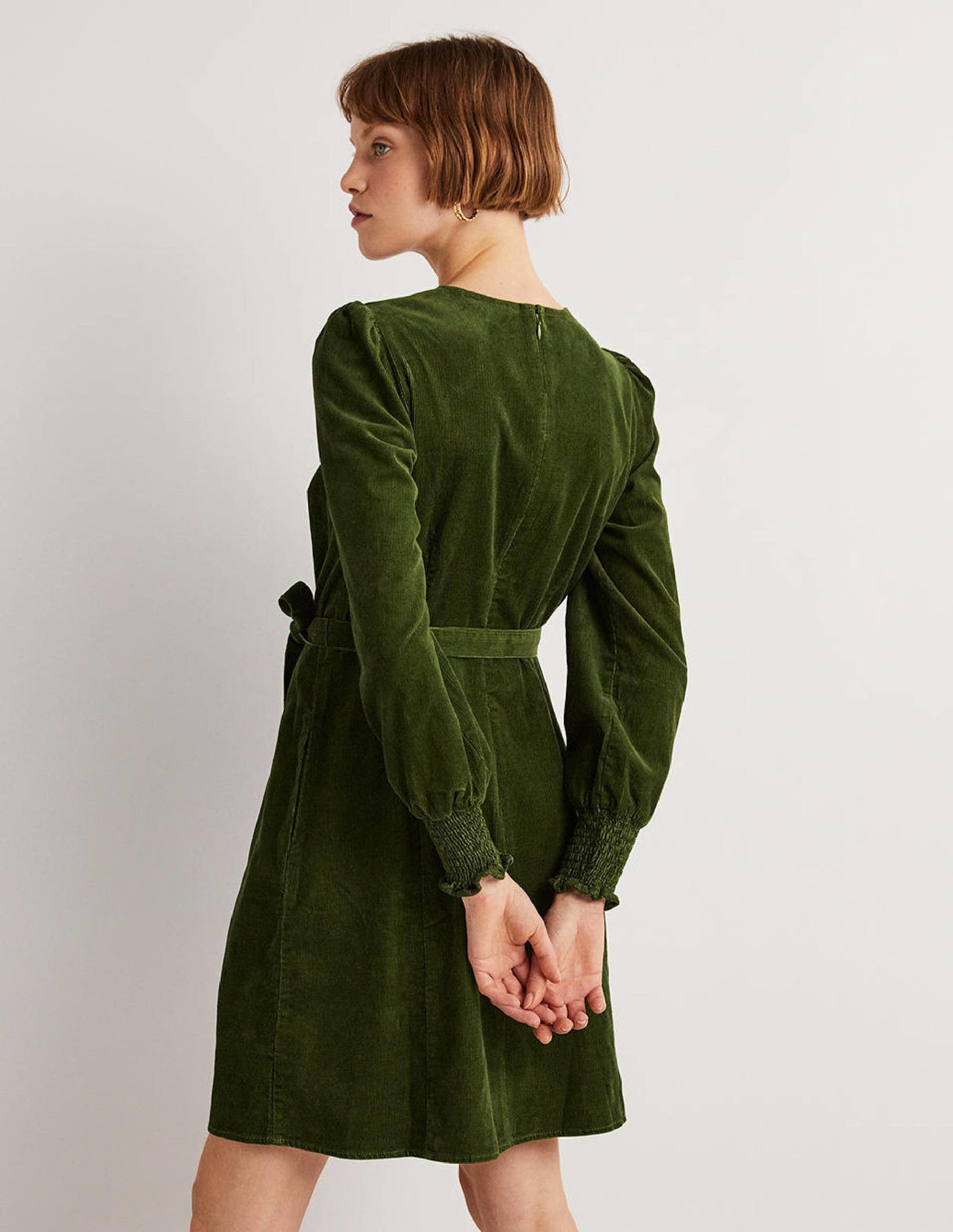 Smocked Cuff Corduroy Dress-Kale