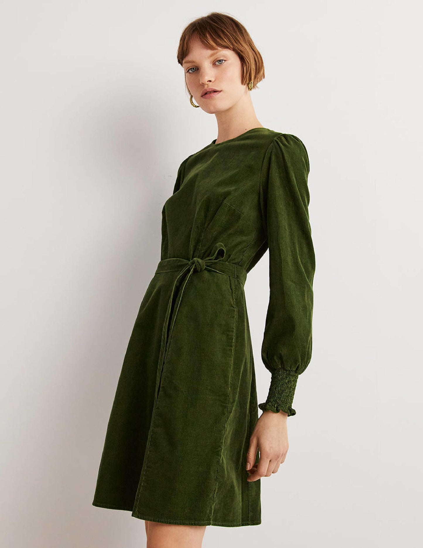 Smocked Cuff Corduroy Dress-Kale