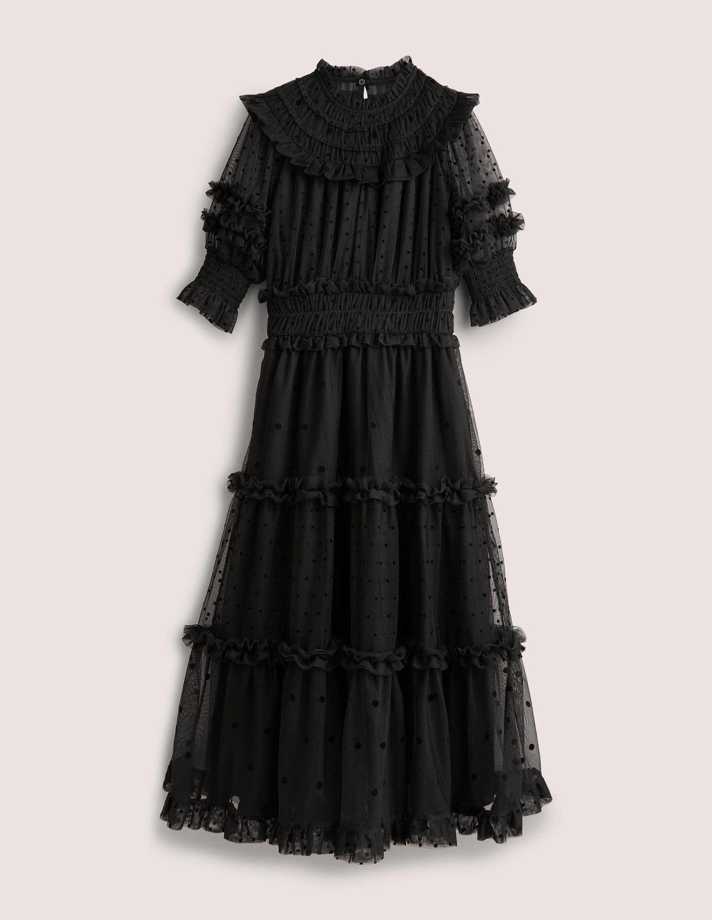 Black Polka Dot Tulle Midi Dress-Black