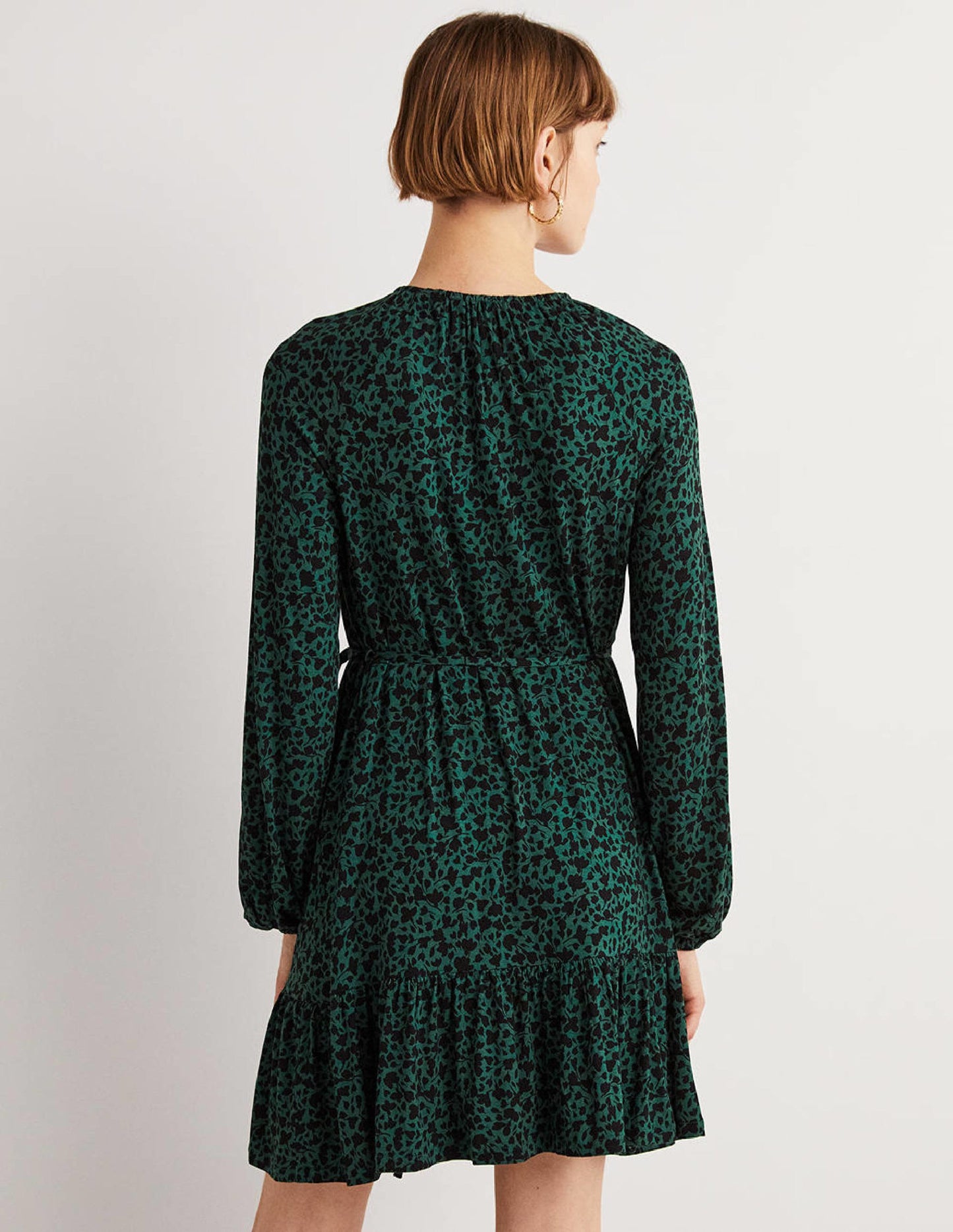 Crew Neck Jersey Mini Dress-Hunter Green, Meadow Sprig