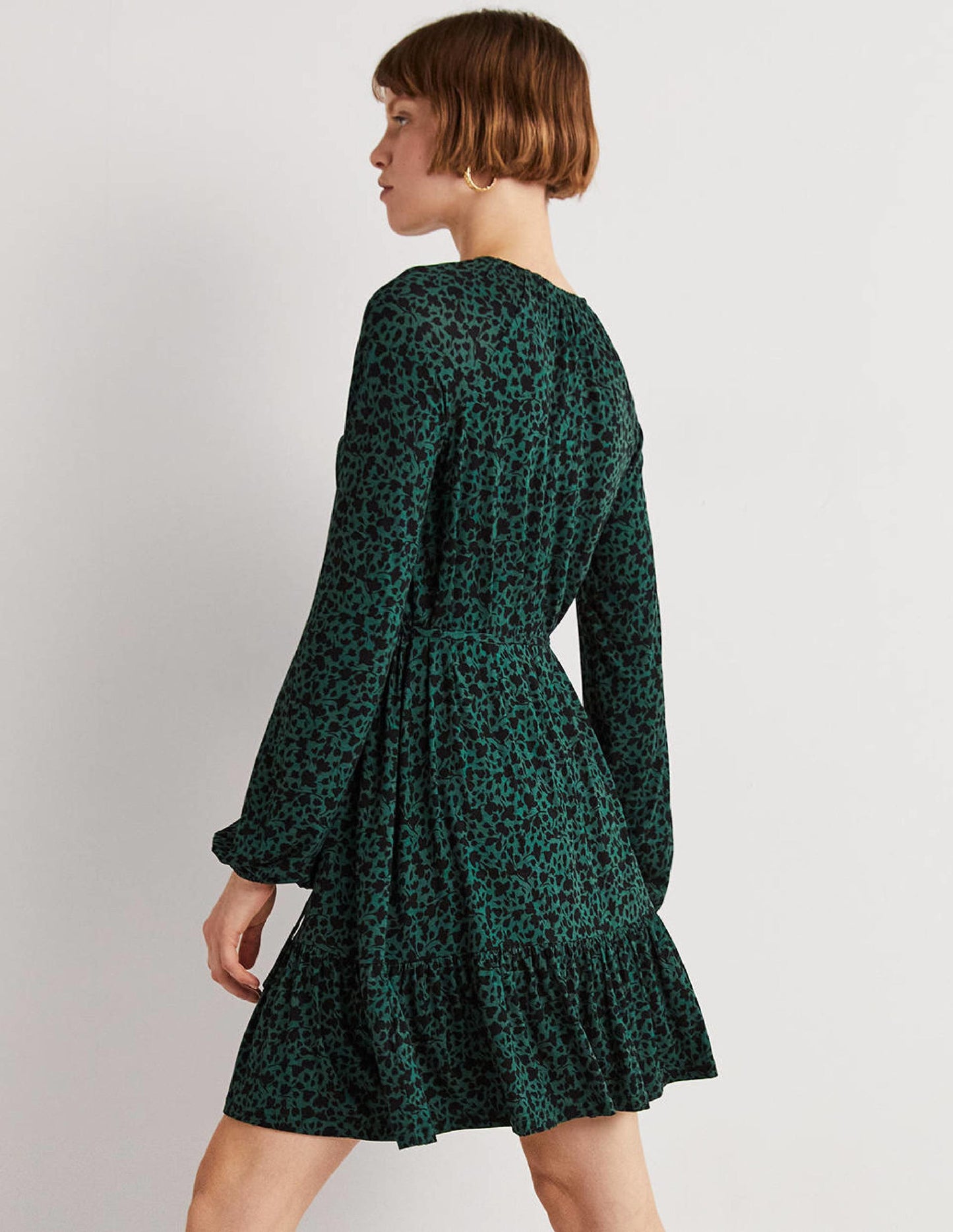 Crew Neck Jersey Mini Dress-Hunter Green, Meadow Sprig