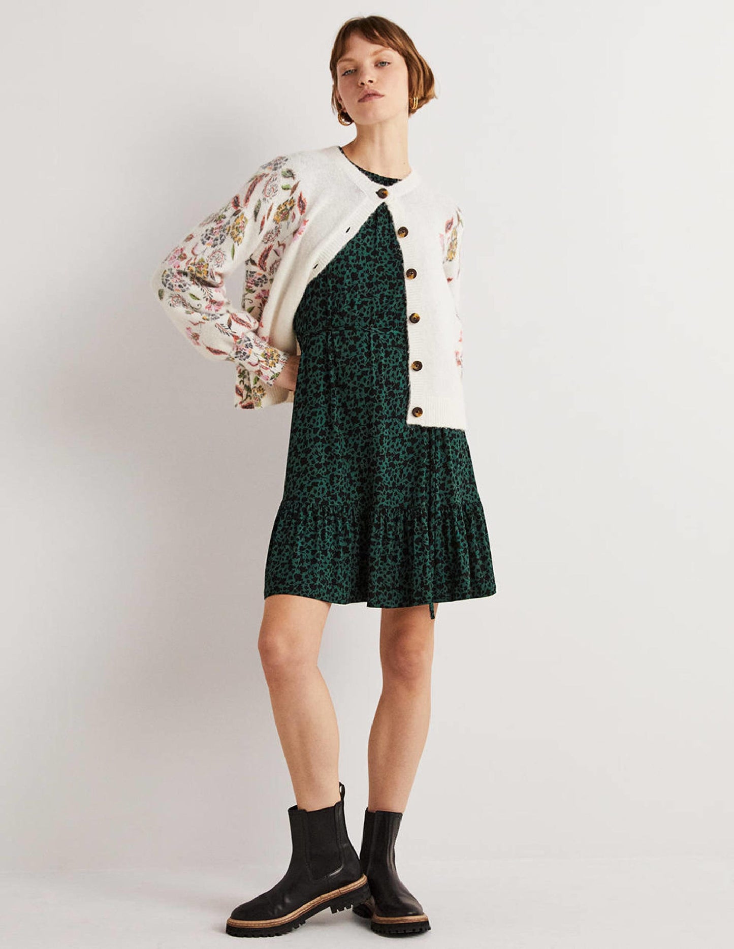 Crew Neck Jersey Mini Dress-Hunter Green, Meadow Sprig