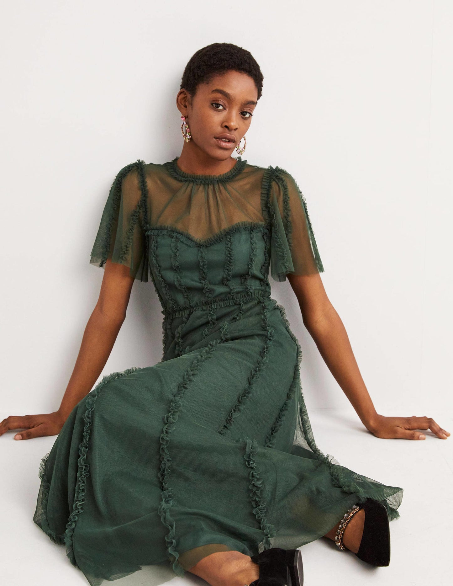 Tulle Maxi Ruffle Party Dress-Trekking Green