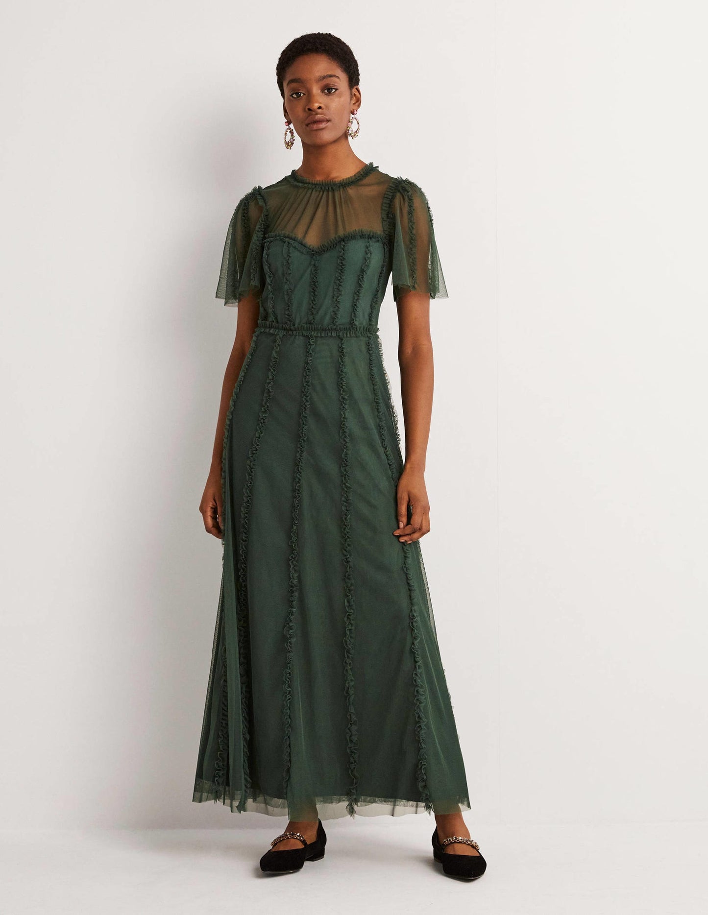 Tulle Maxi Ruffle Party Dress-Trekking Green