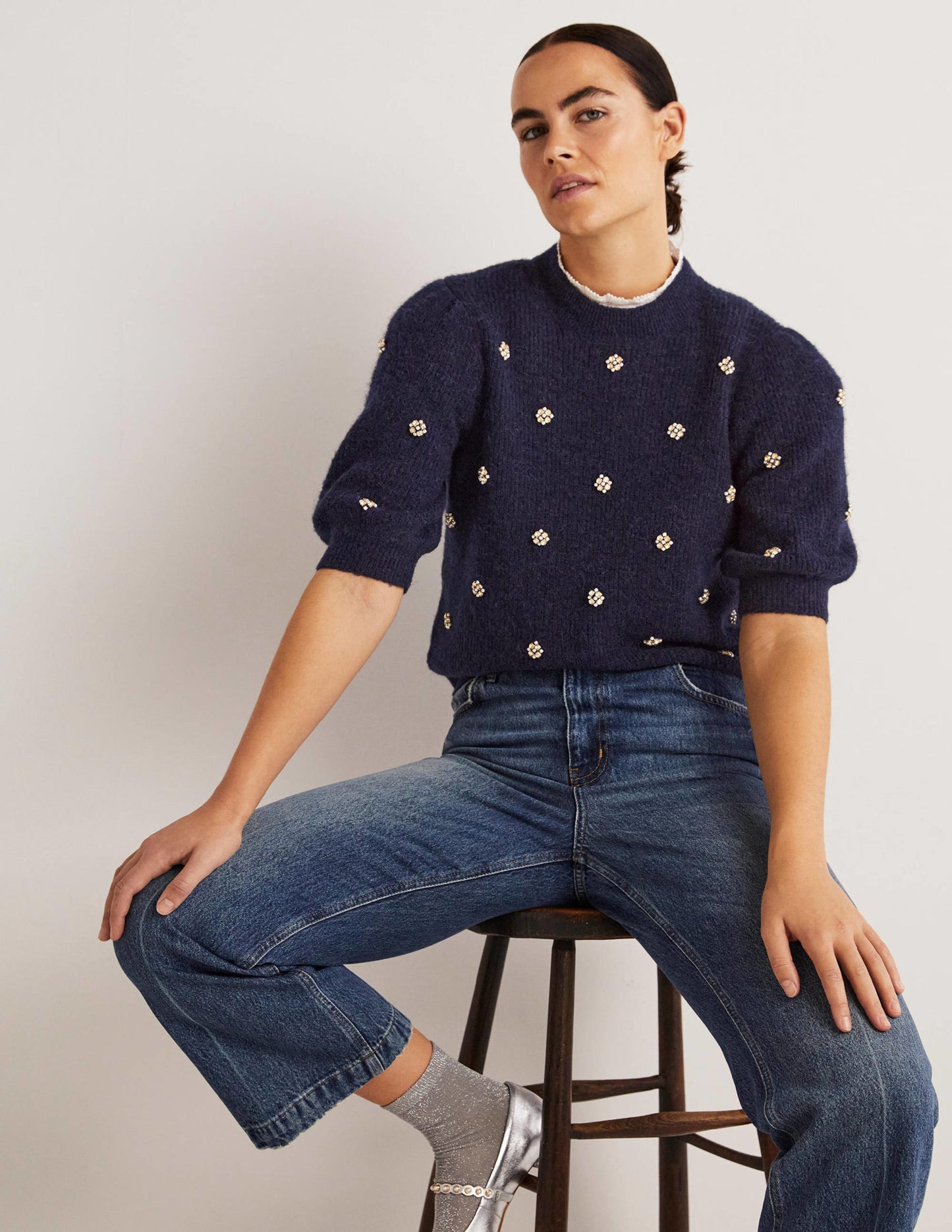 Embellished Fluffy T-shirt-Navy Embellishment
