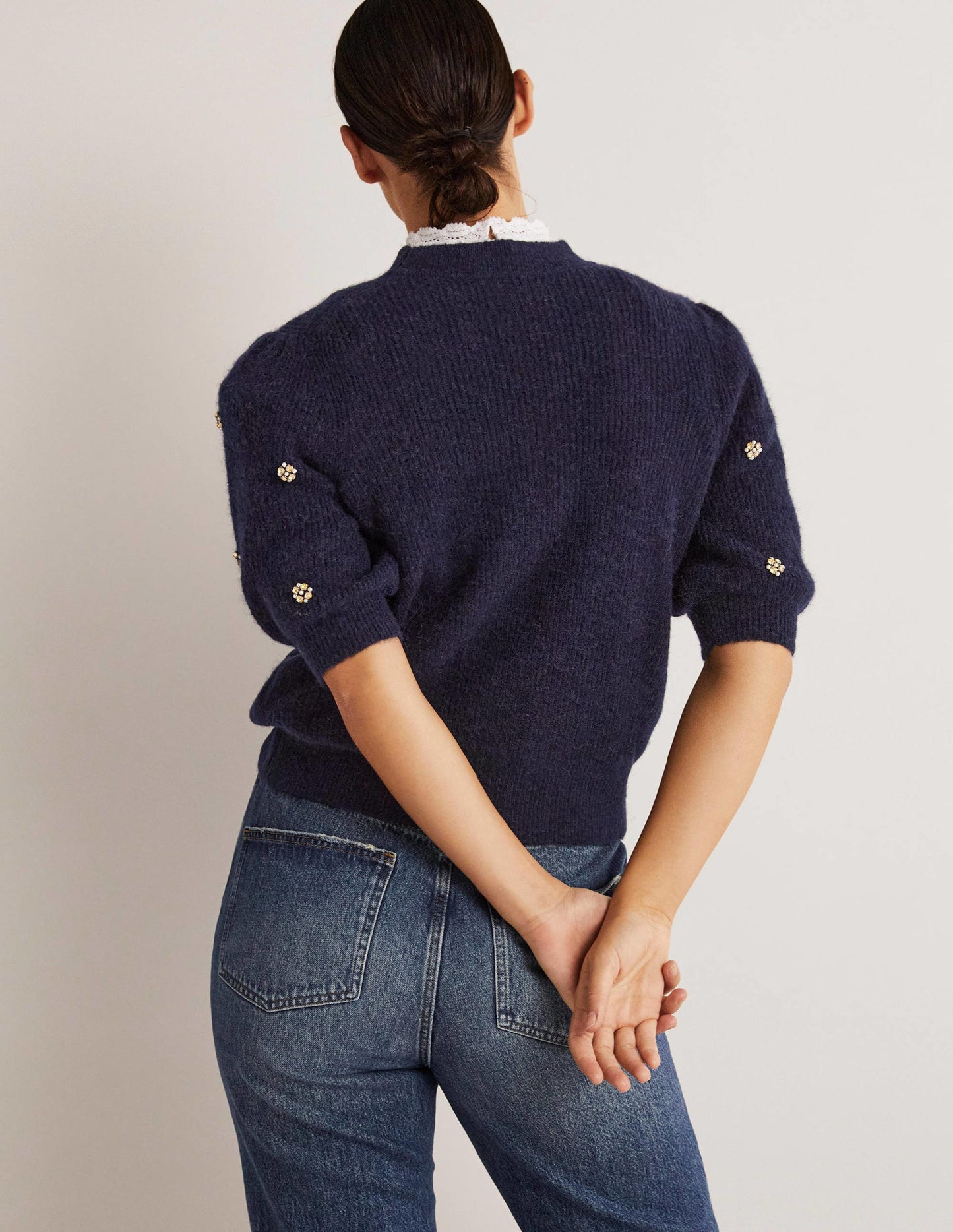 Embellished Fluffy T-shirt-Navy Embellishment
