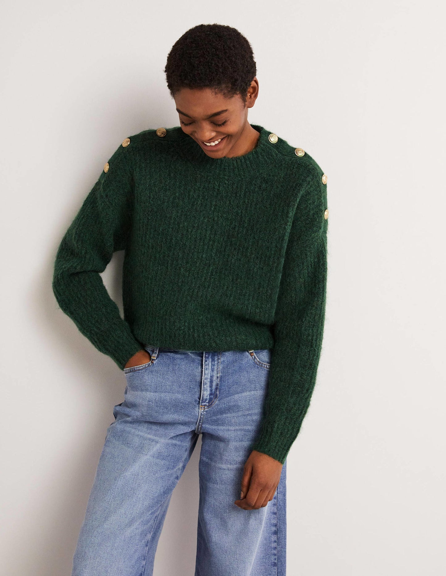 Fluffy Ribbed Button Jumper-Hunter Green