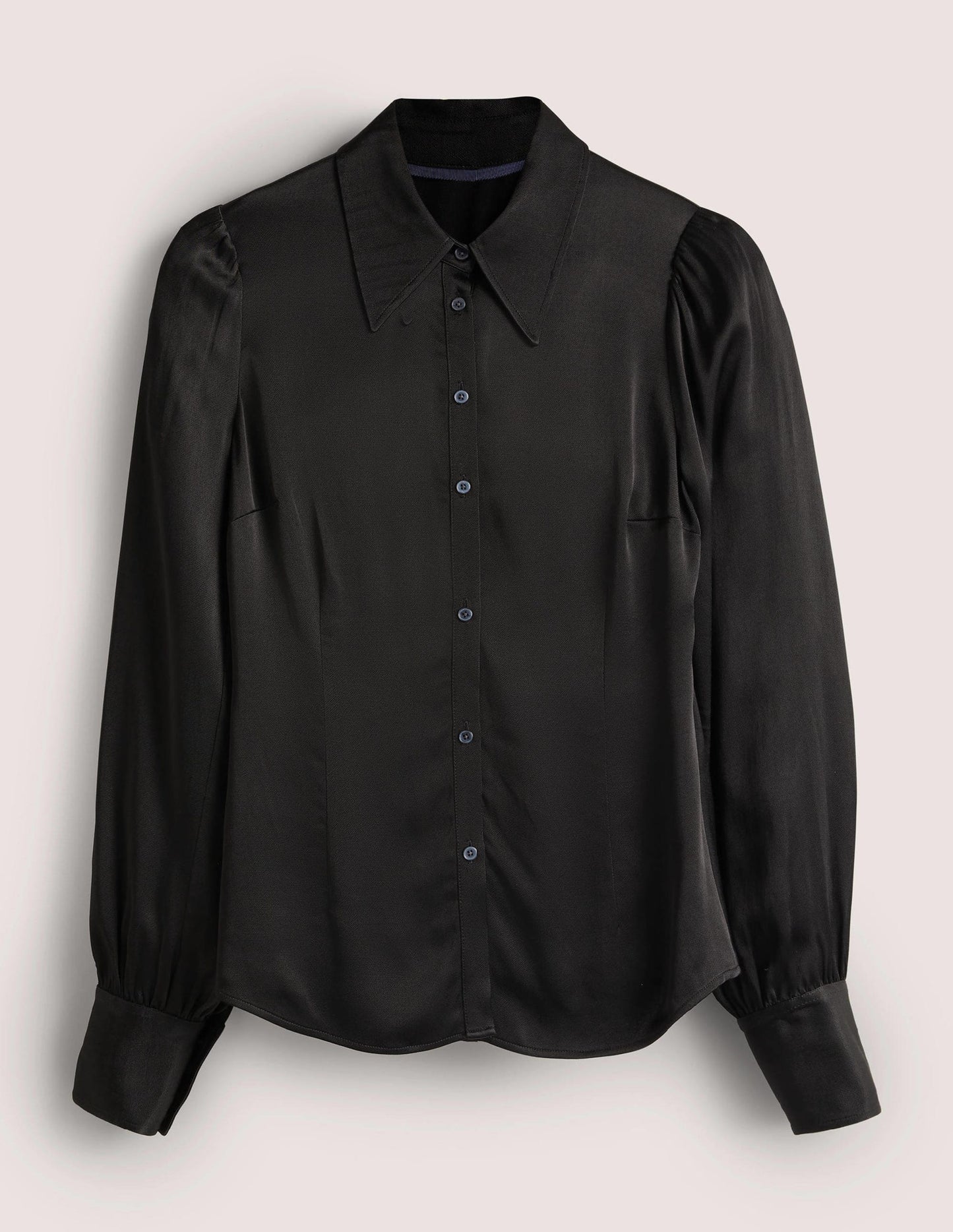 Dart Detail Satin Fitted Shirt-Black