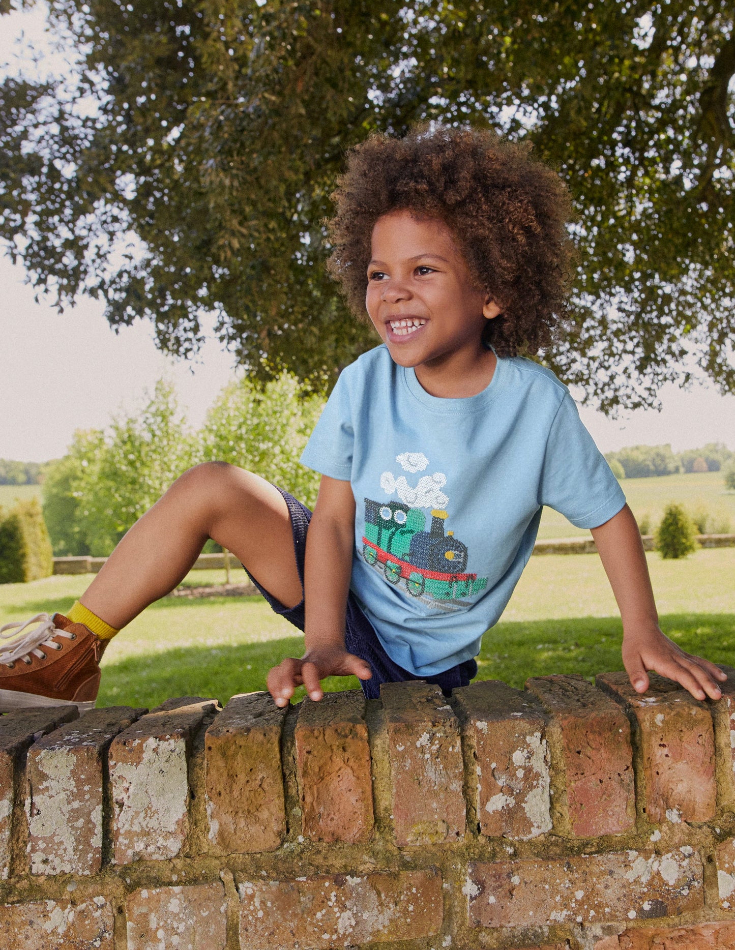 Cross-Stitch Cotton T-Shirt-Pebble Blue Train