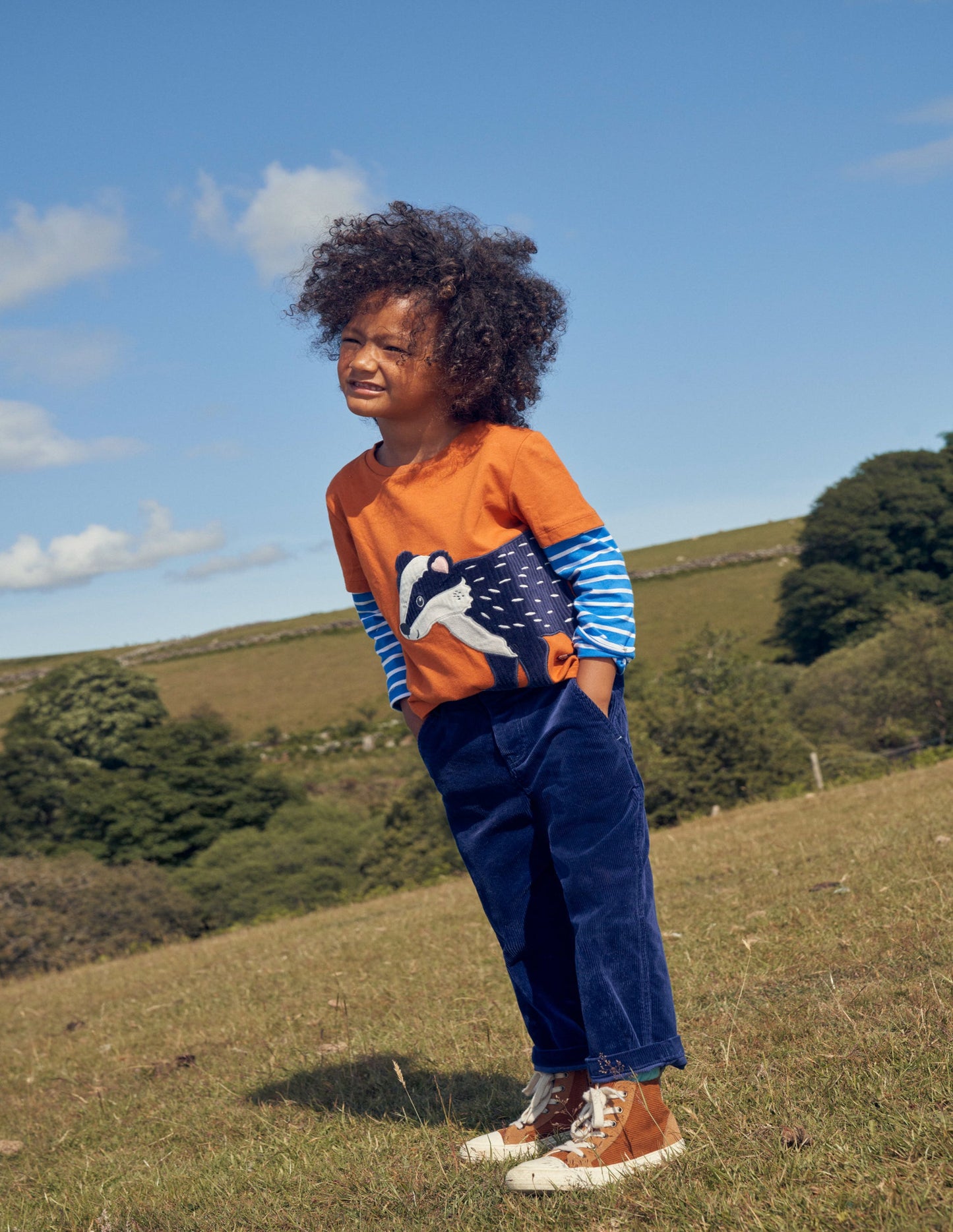 Appliqué Mock Sleeve T-Shirt-Autumn Orange Badger