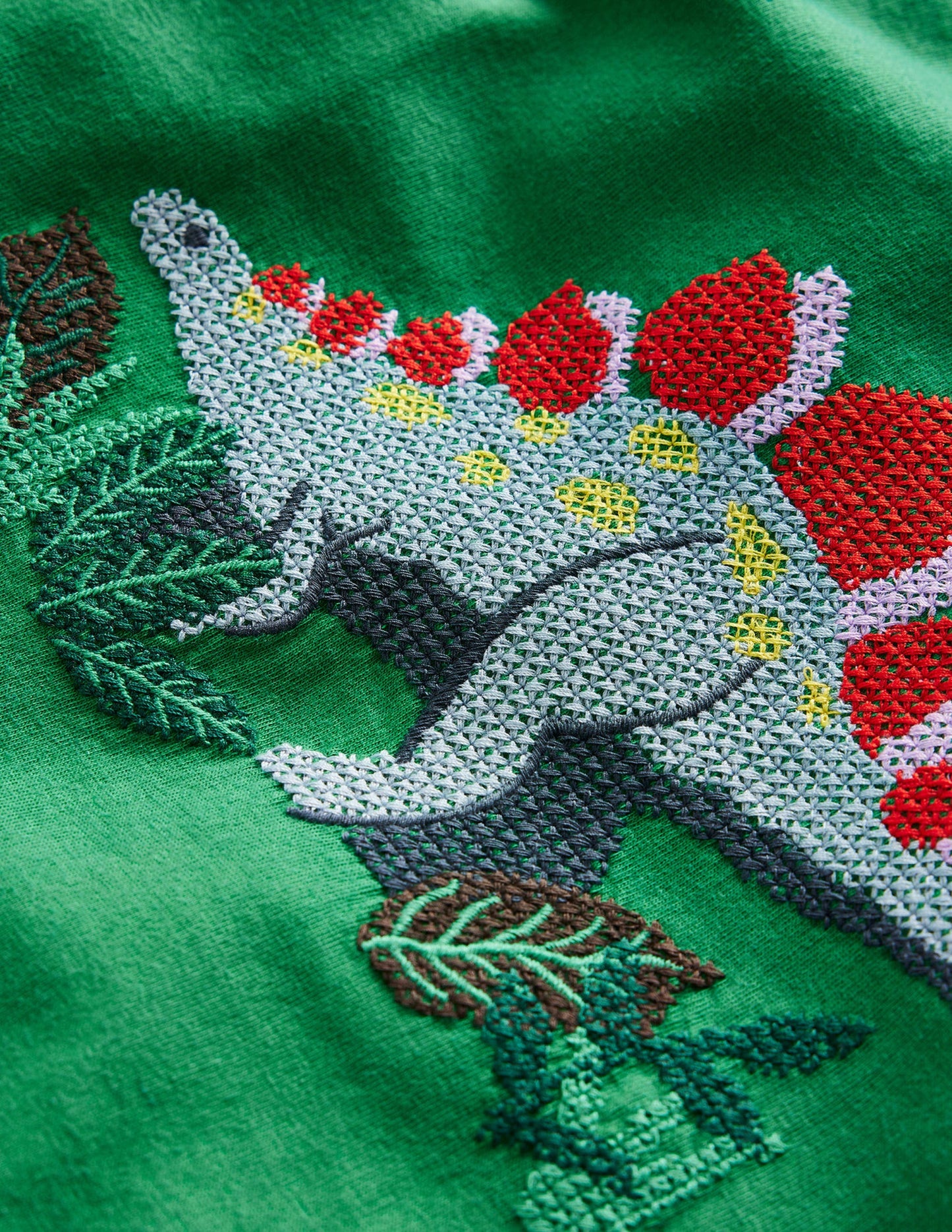 Cross Stitch Dino T-shirt-Deep Green Dinosaur