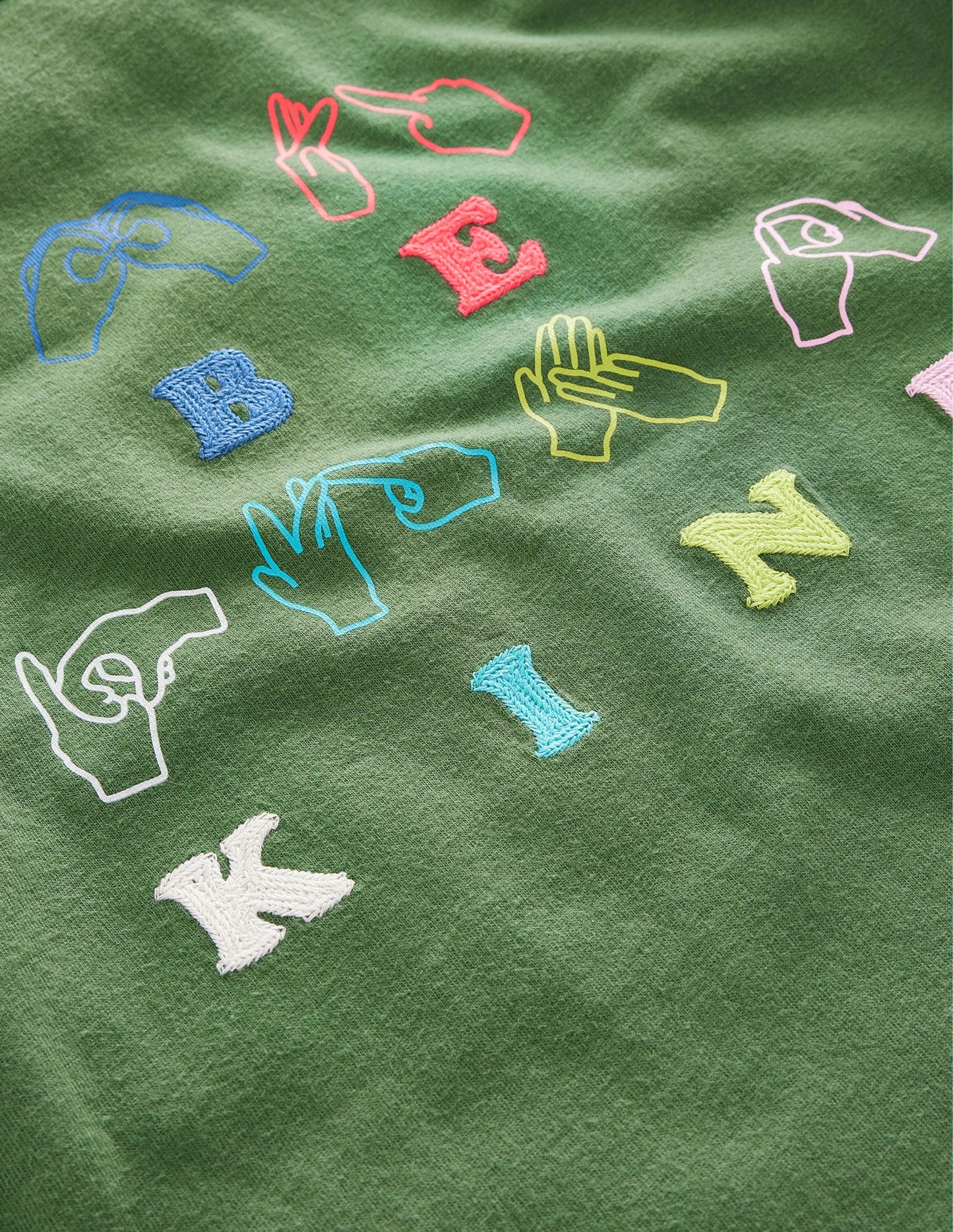 Chain Stitch Slogan T-shirt-Safari Green Be Kind