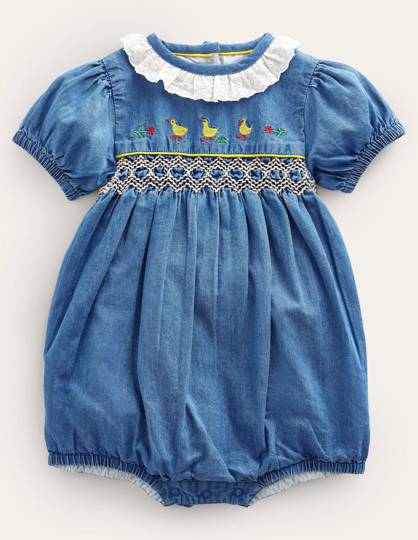 Woven Smocked Romper-Chambray Ducks
