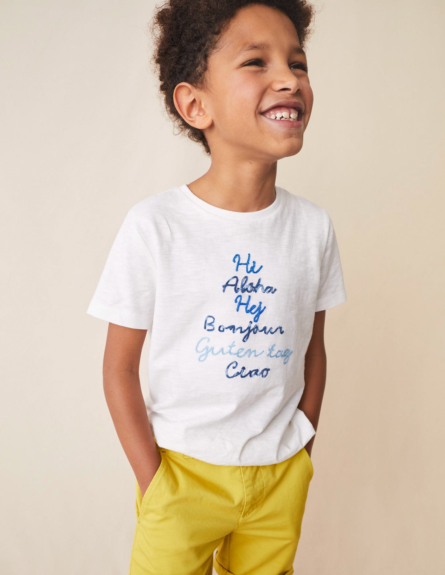 Chain Stitch Slogan T-shirt-Ivory White Hello
