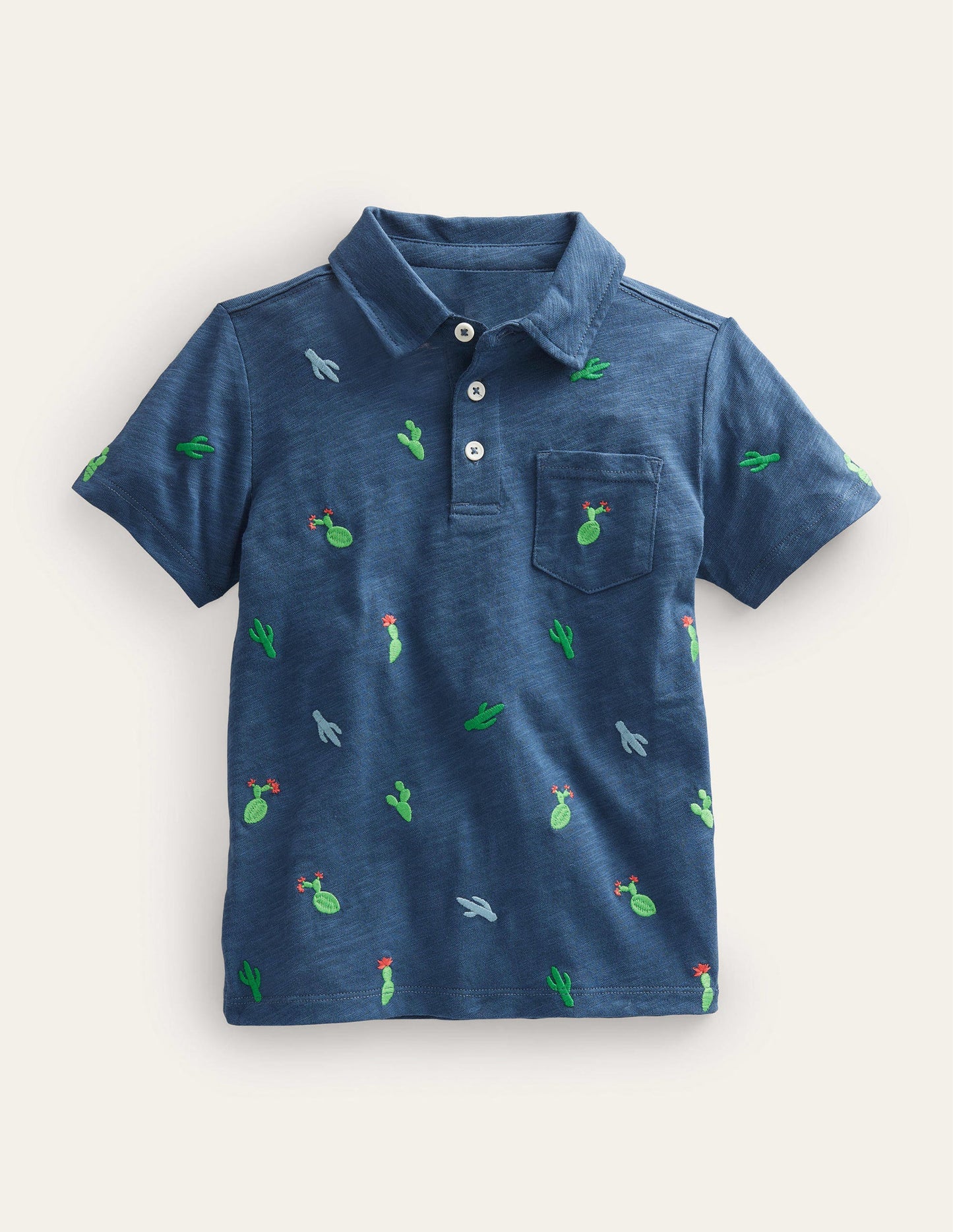 Embroidered Slubbed Polo Shirt-Robot Blue Cactus