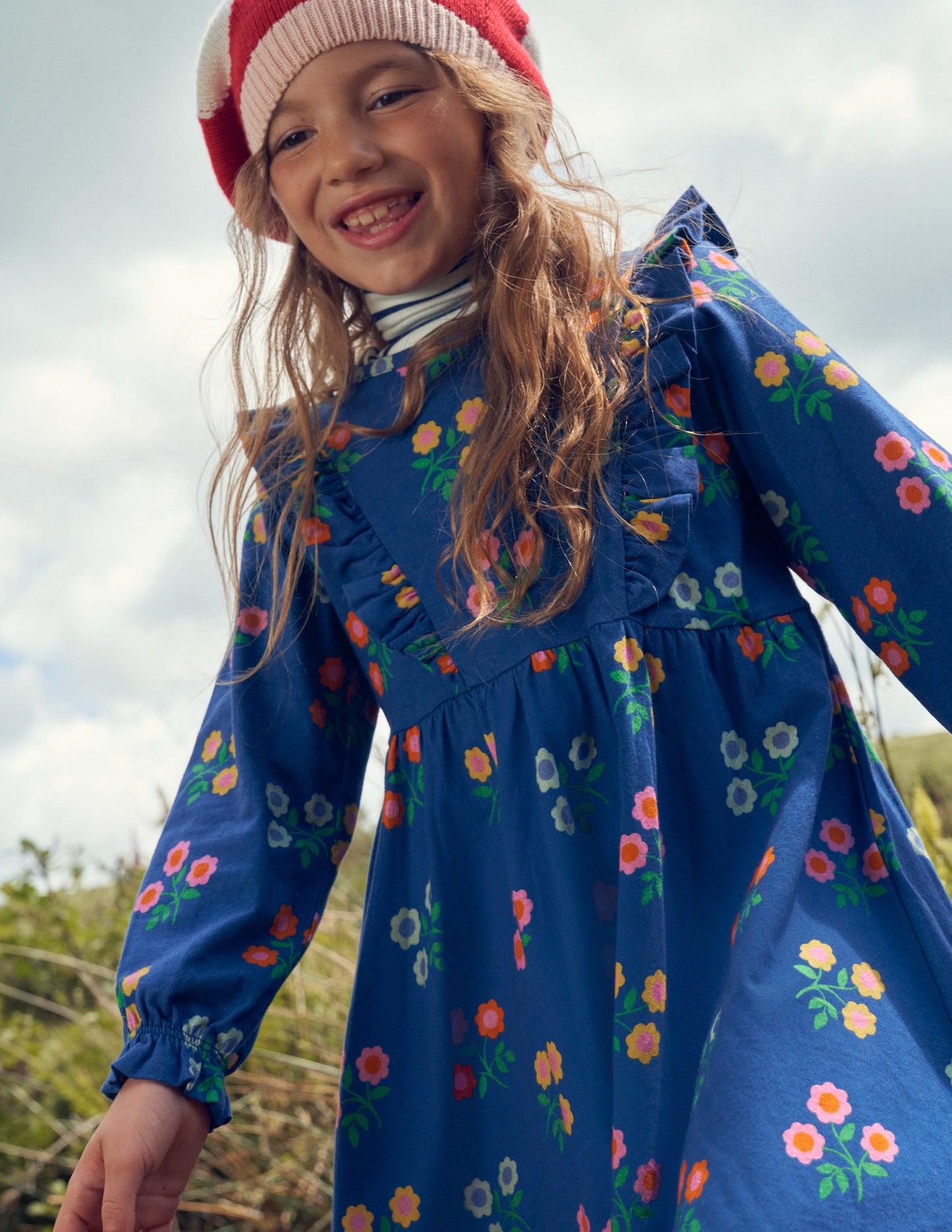 Long Sleeve Ruffle Dress-College Navy Flower