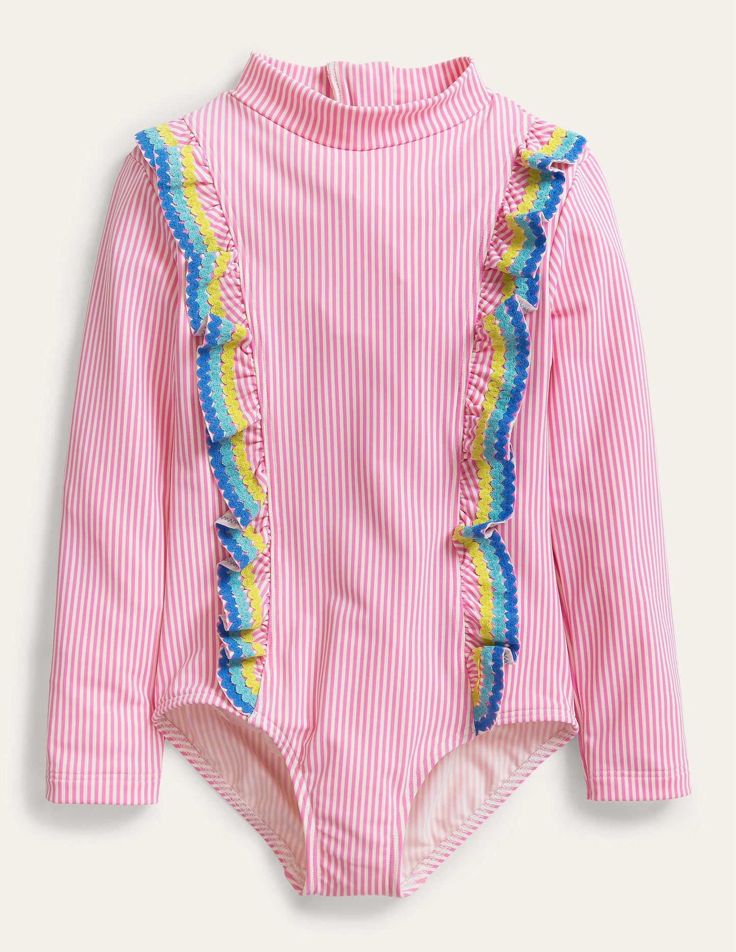 Long-sleeved Frilly Swimsuit-Tickled pink and ivory stripe