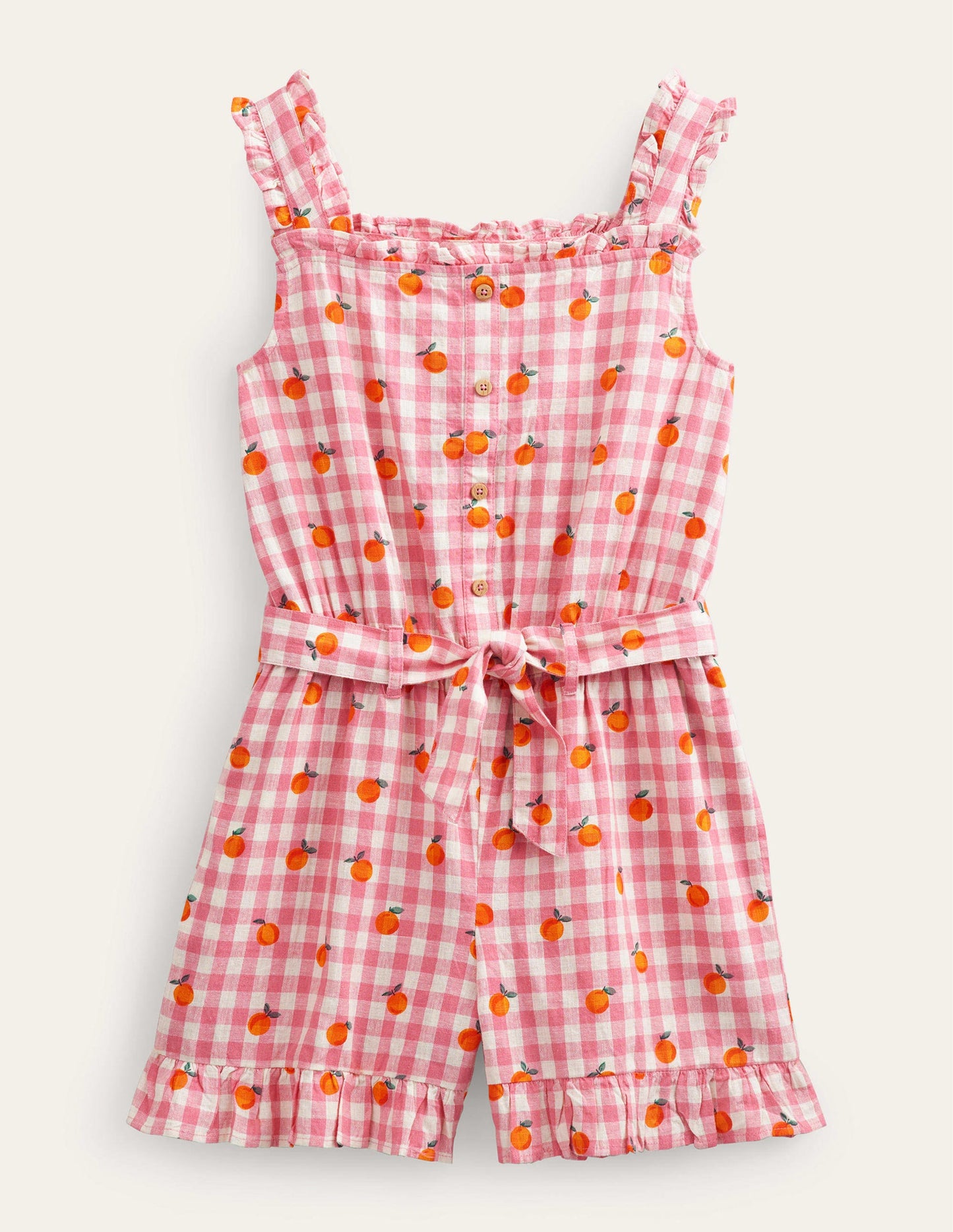 Linen-Cotton Ruffle Playsuit-Azalea and Ivory Gingham