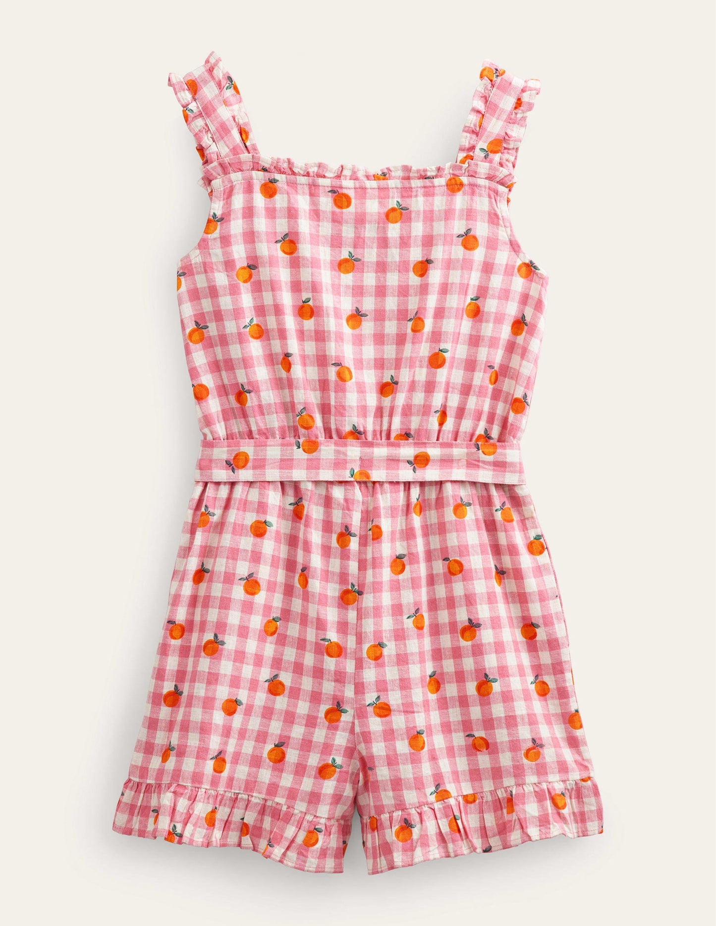 Linen-Cotton Ruffle Playsuit-Azalea and Ivory Gingham