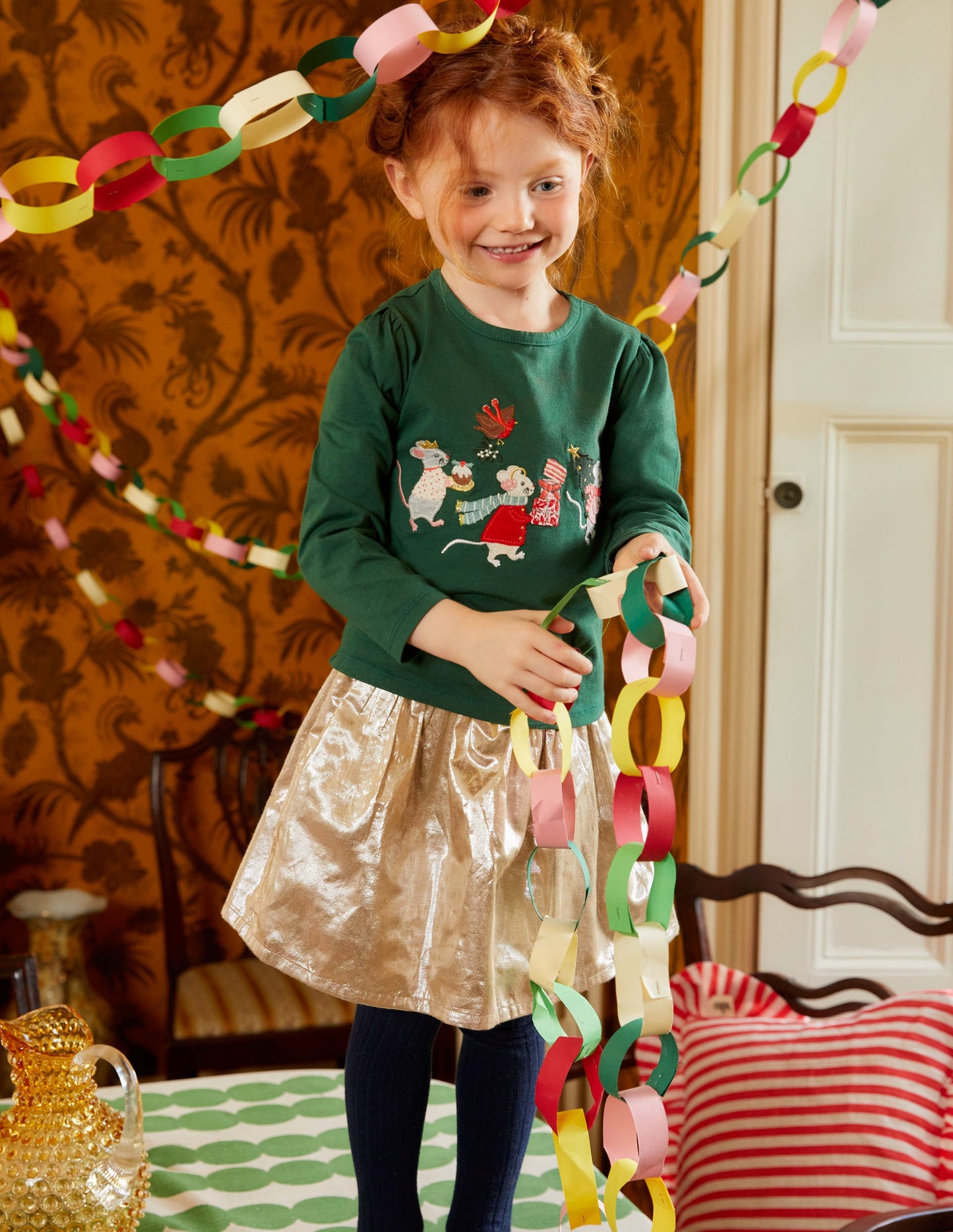 Appliqué Puff-Sleeve Top-Amazon Green Festive Mice
