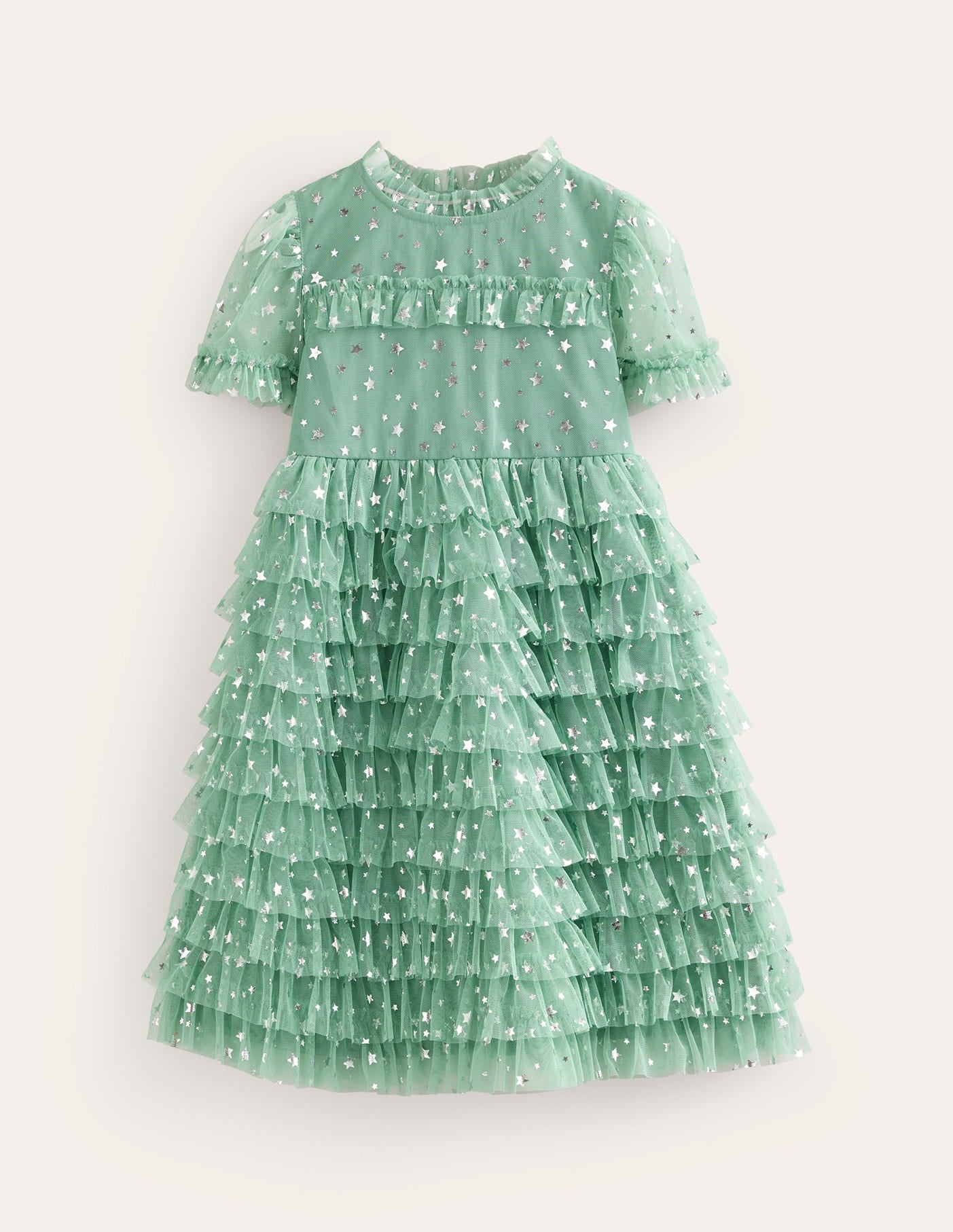 Ruffle Tulle Star Dress-Csarite Green Foil Stars