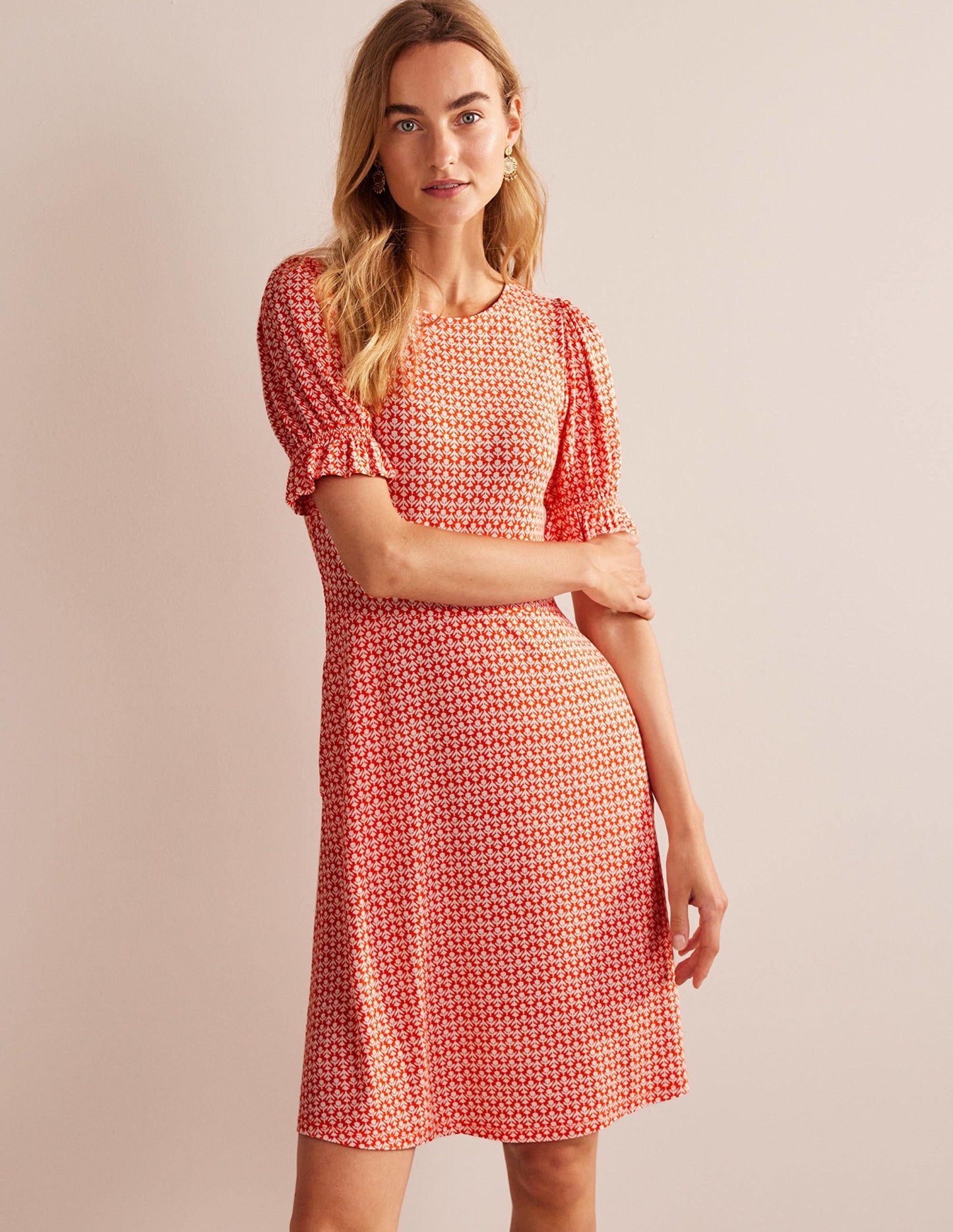 Puff Sleeve Jersey Mini Dress-Vermillion, Tulip Pop