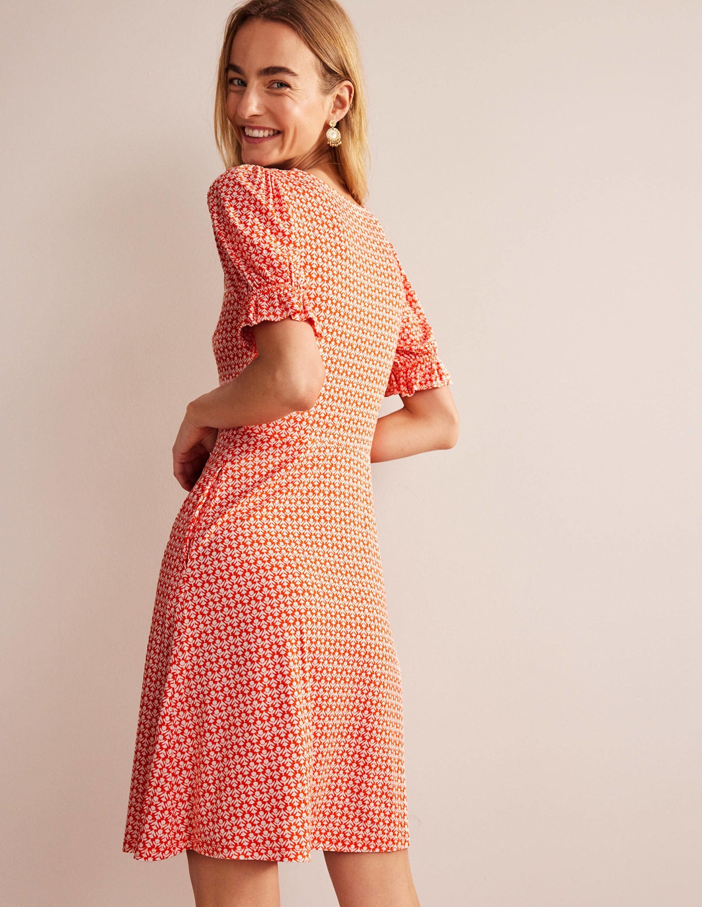 Puff Sleeve Jersey Mini Dress-Vermillion, Tulip Pop