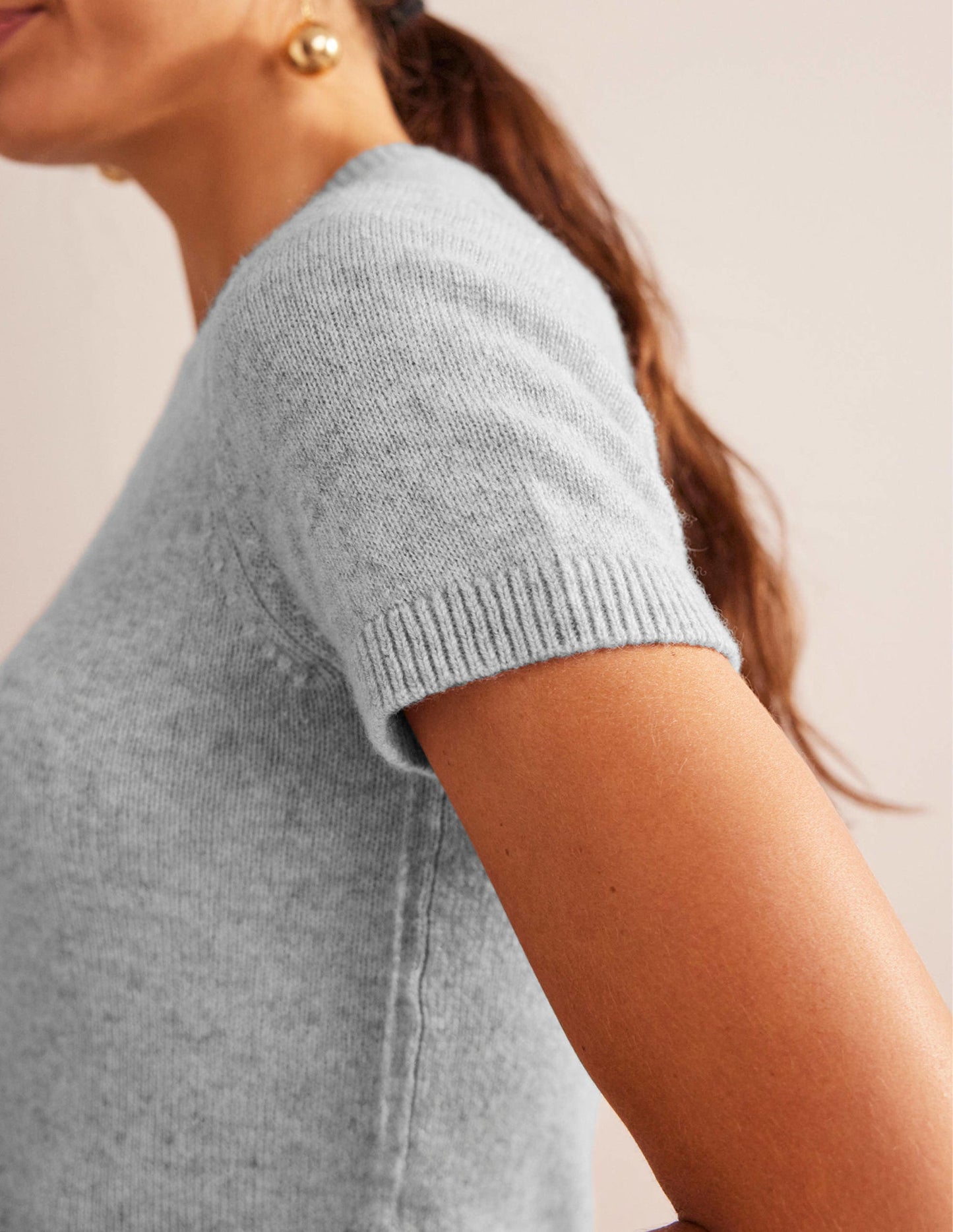 Cropped Cashmere T-Shirt-Pale Grey Melange