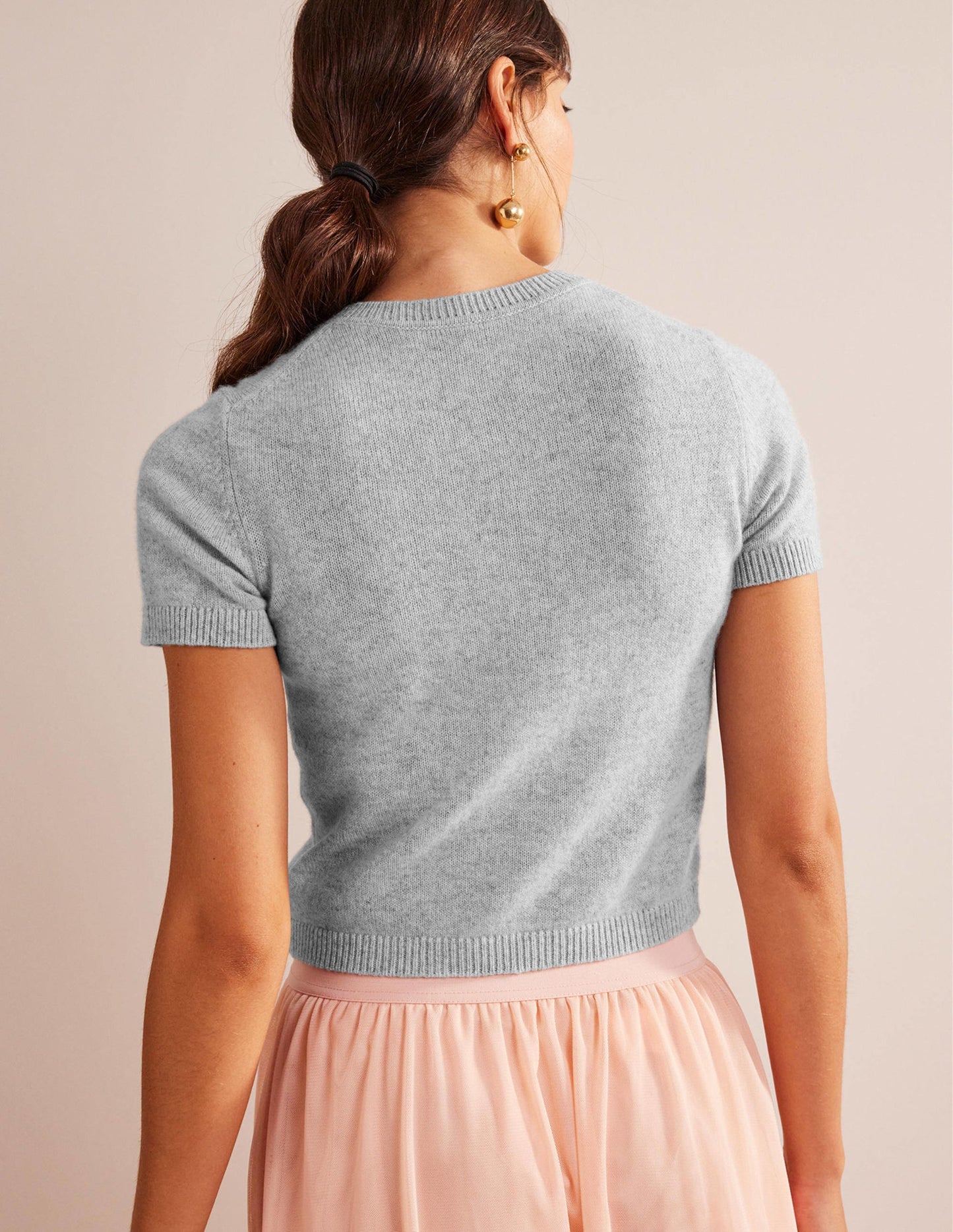 Cropped Cashmere T-Shirt-Pale Grey Melange