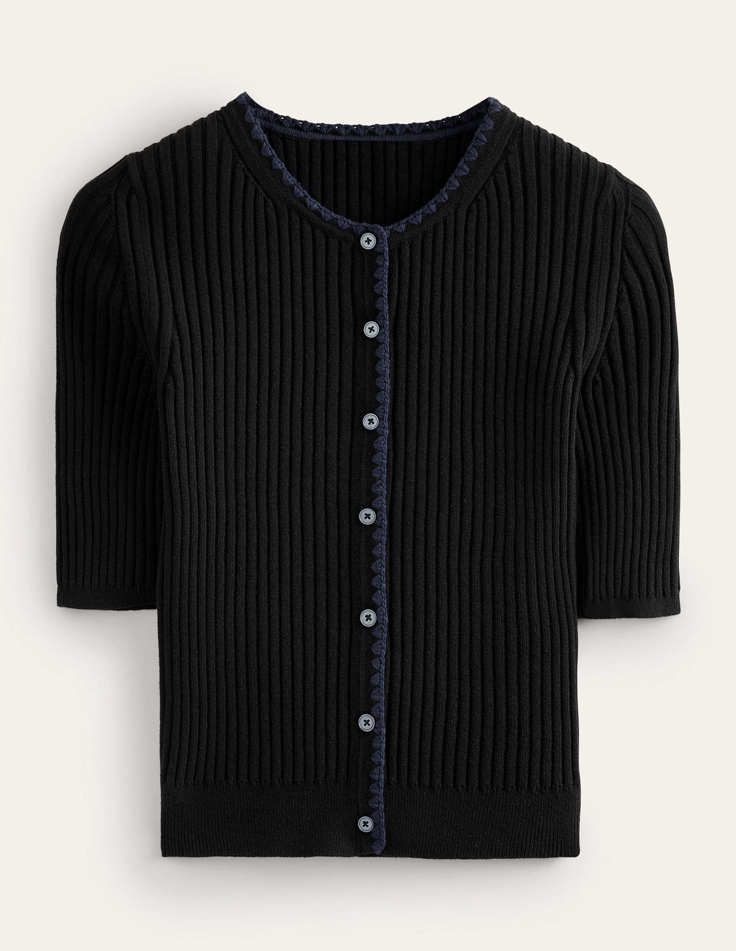 Crochet-Trim Ribbed Cardigan-Black