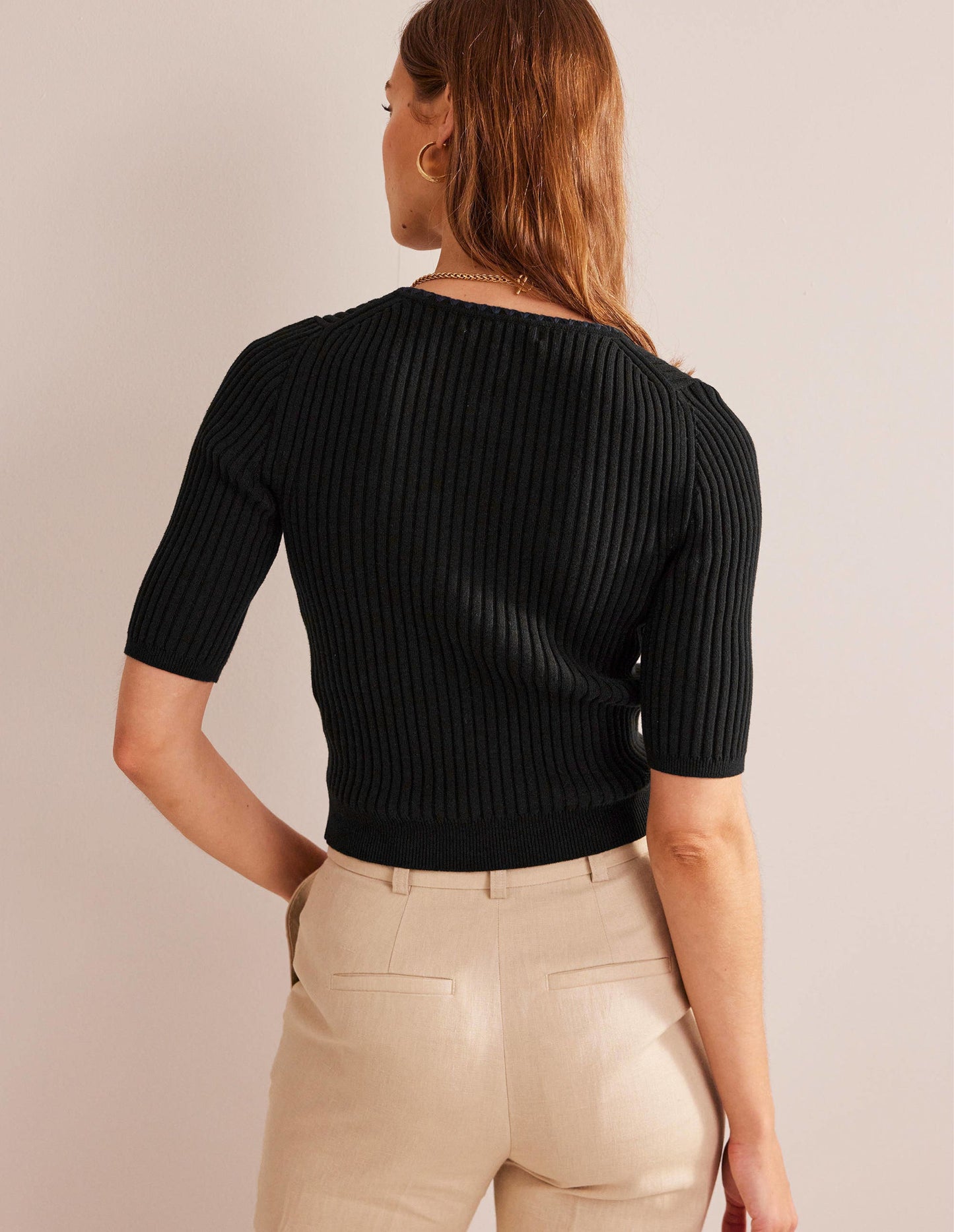 Crochet-Trim Ribbed Cardigan-Black