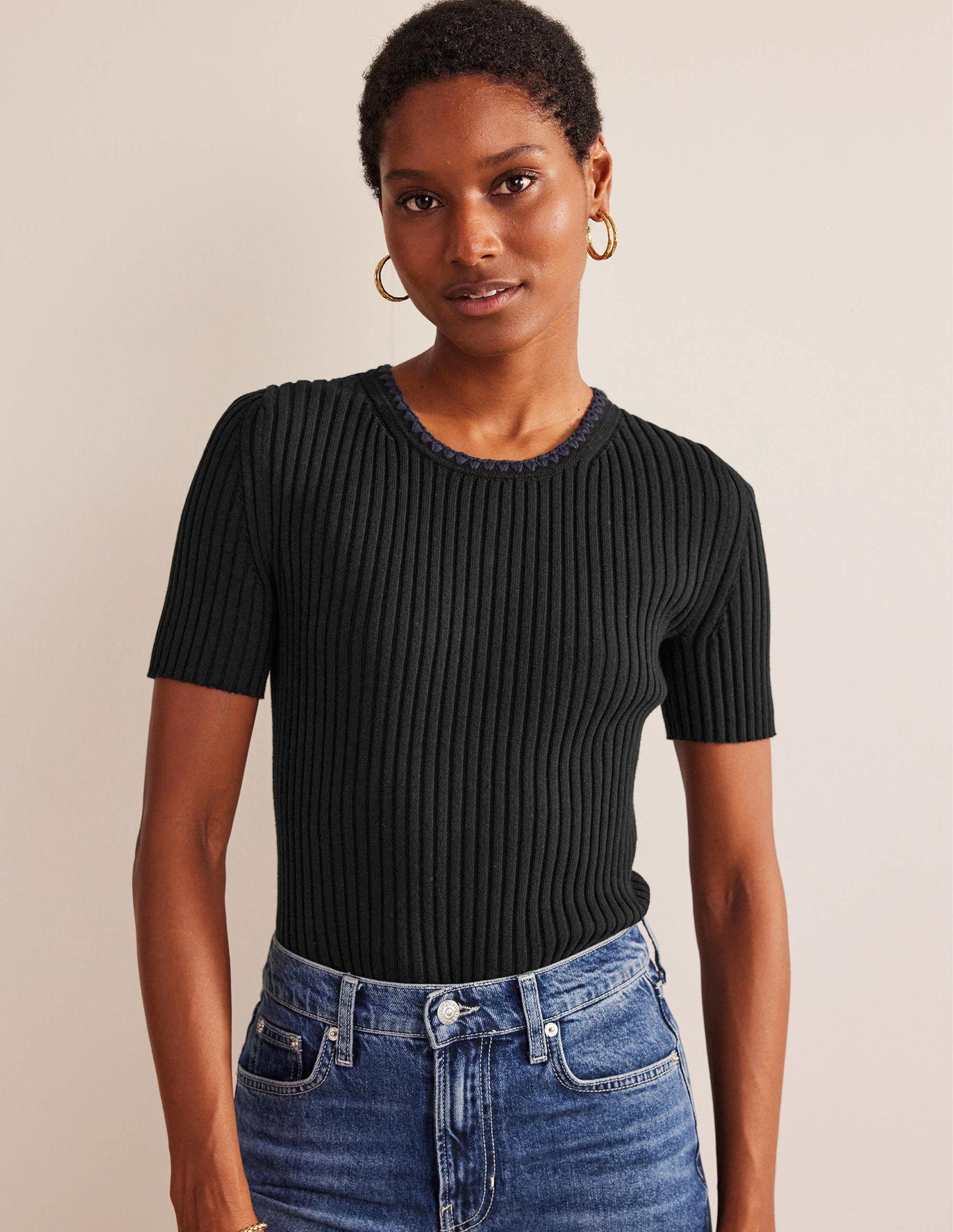 Crochet-Trim Knitted T-Shirt-Black