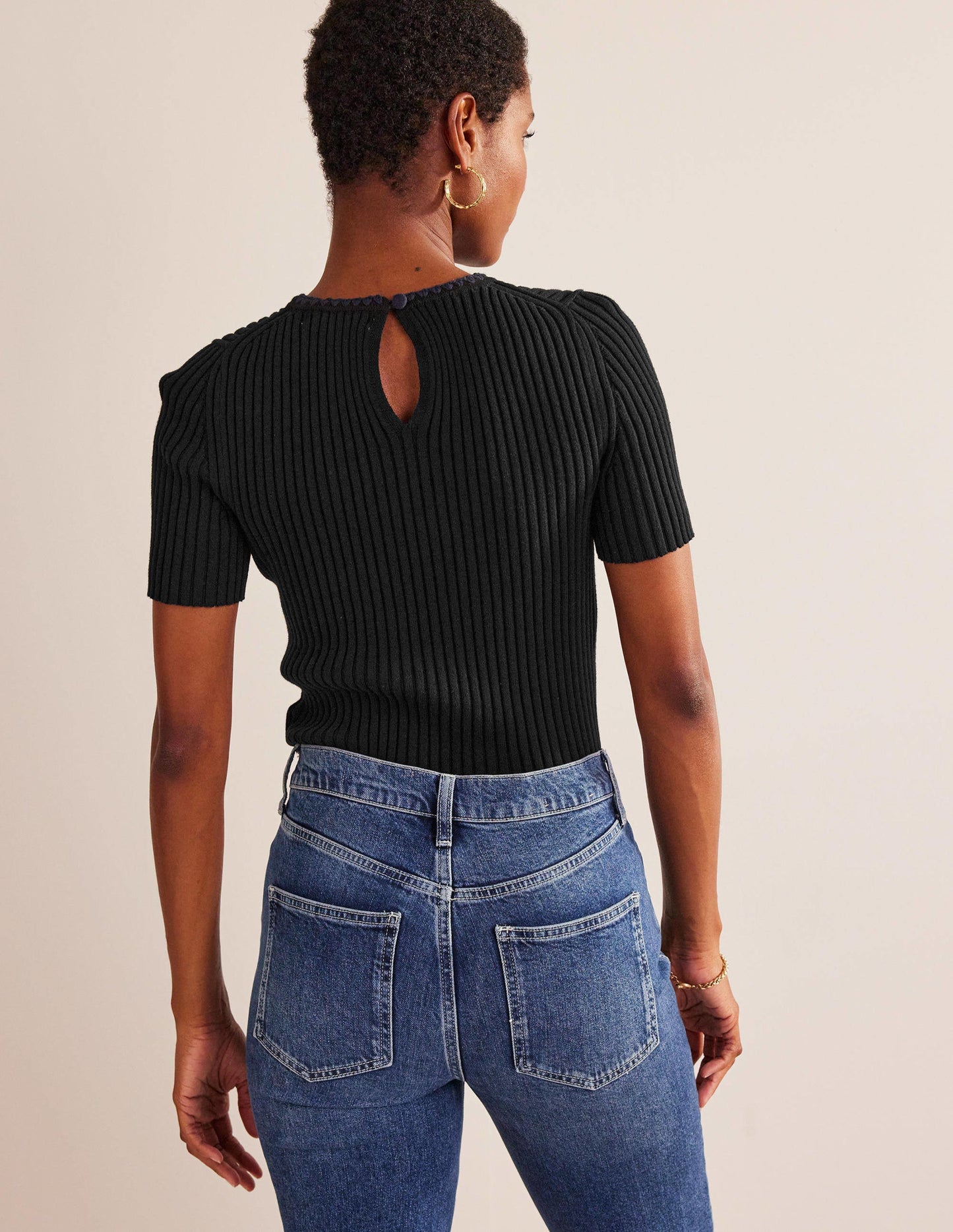 Crochet-Trim Knitted T-Shirt-Black