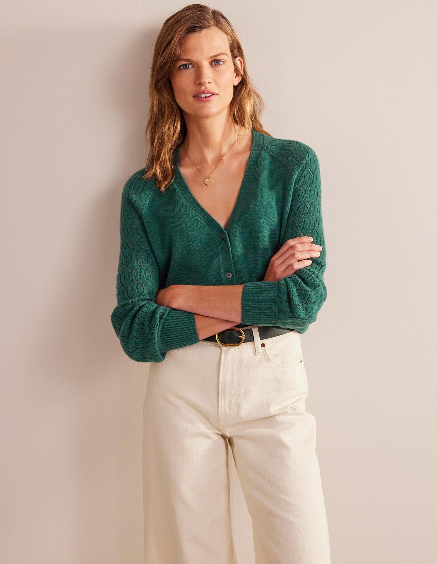 Pointelle Sleeve Cardigan-Emerald Night