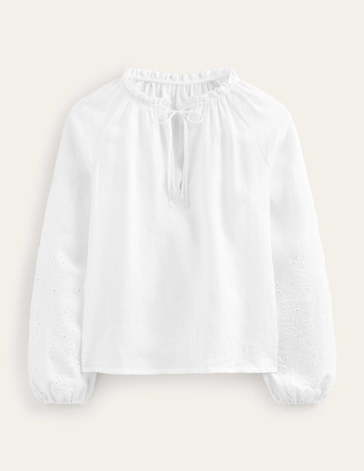 Broderie Tie-Neck Linen Top-White