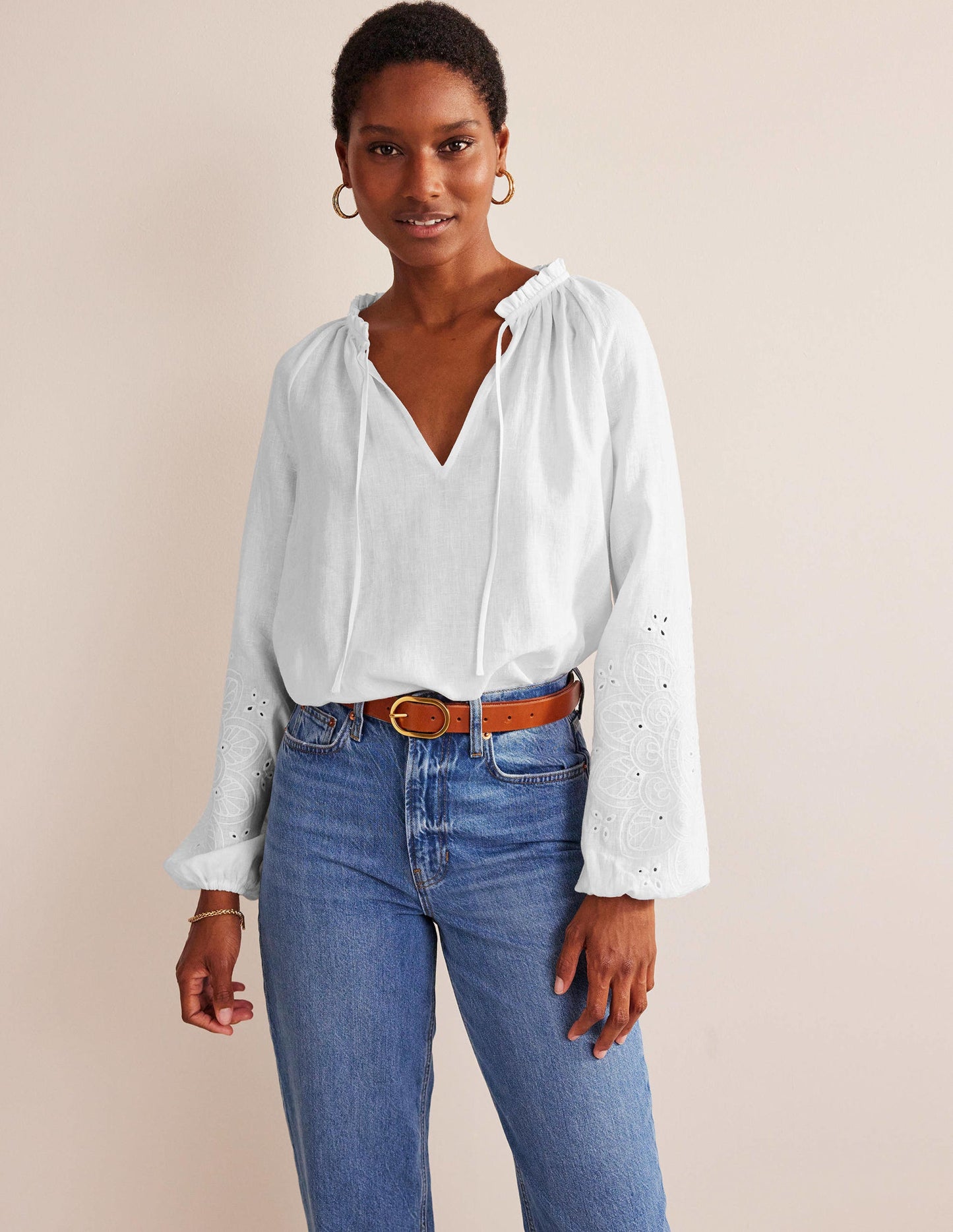 Broderie Tie-Neck Linen Top-White