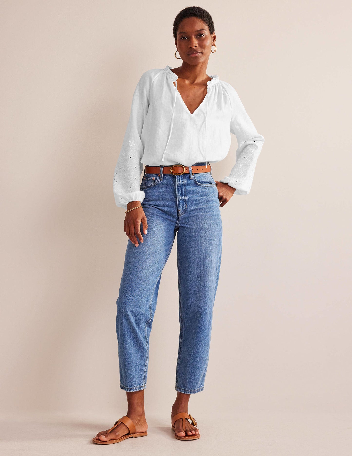 Broderie Tie-Neck Linen Top-White