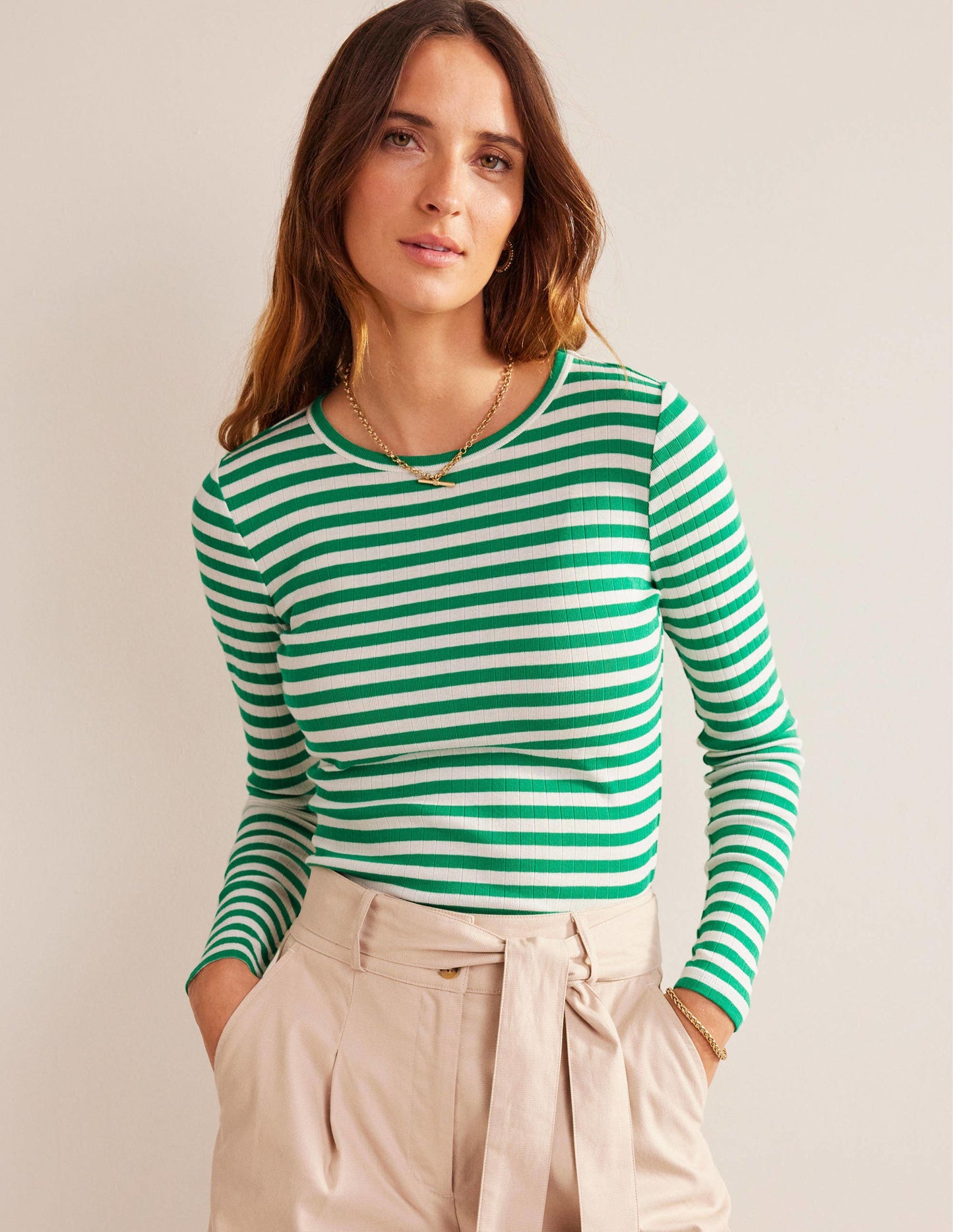 Anna Rib Crew T-Shirt-Meadow Green, Ivory Stripe