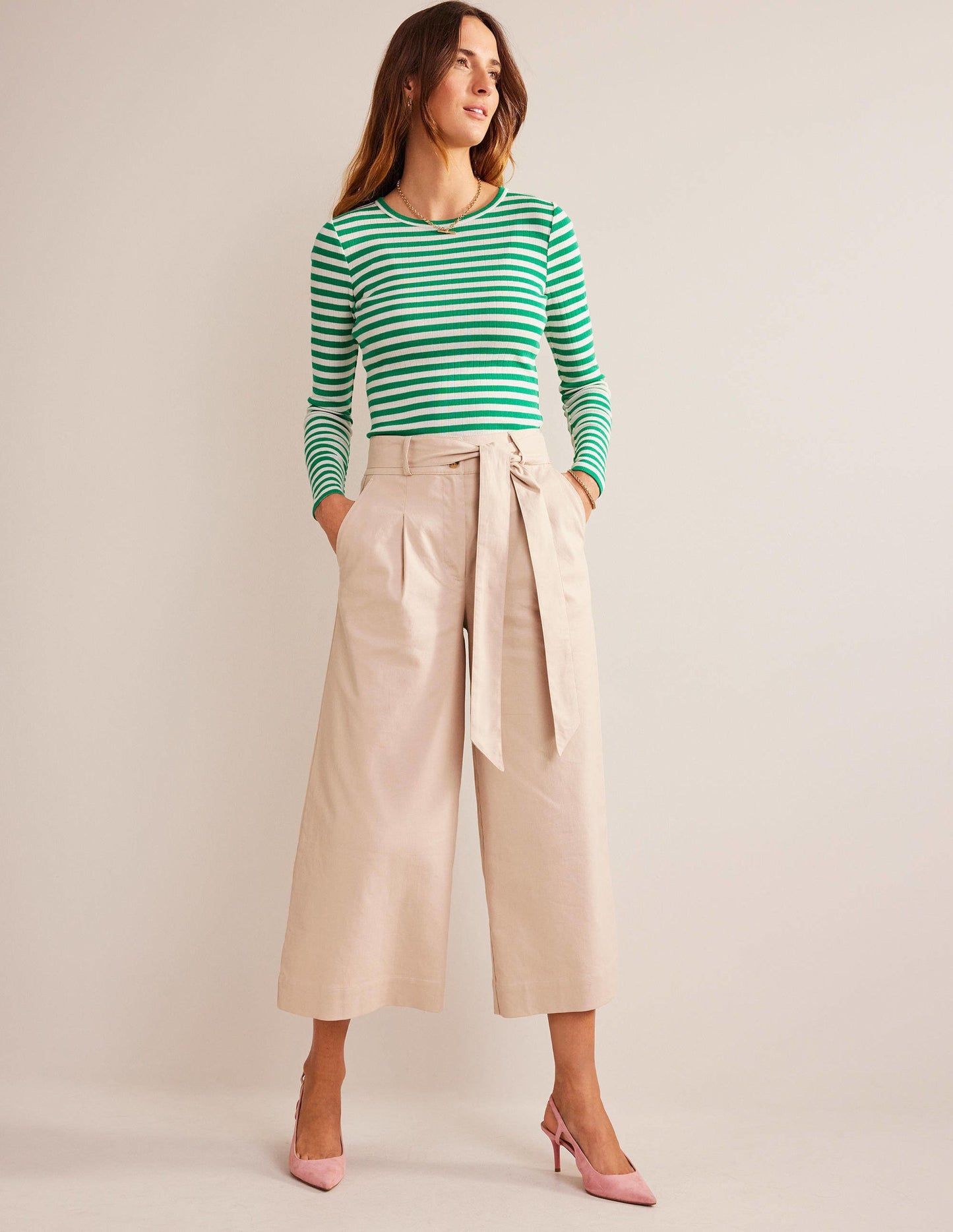Anna Rib Crew T-Shirt-Meadow Green, Ivory Stripe