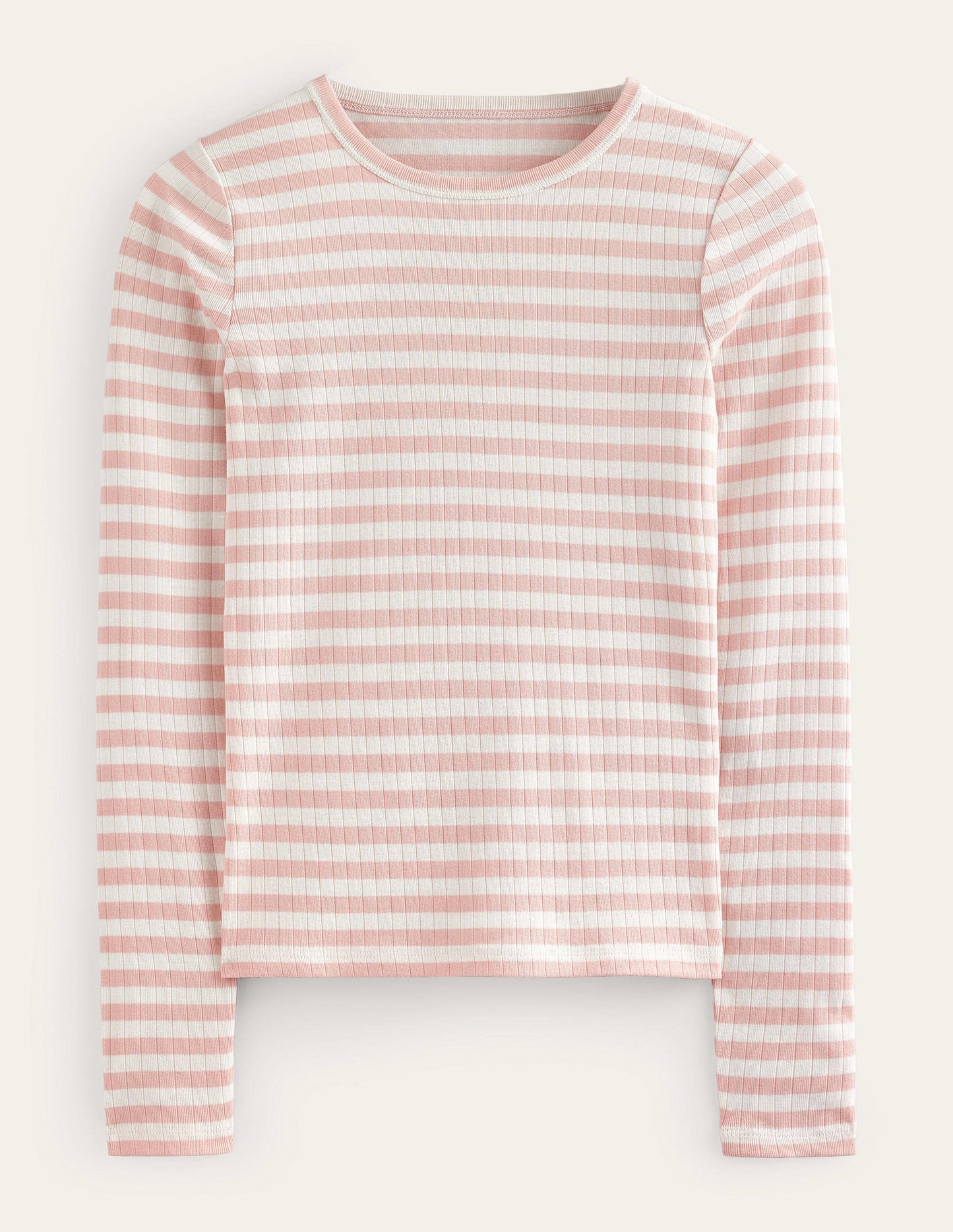 Anna Rib Crew T-Shirt-Ivory, Peach Skin Stripe